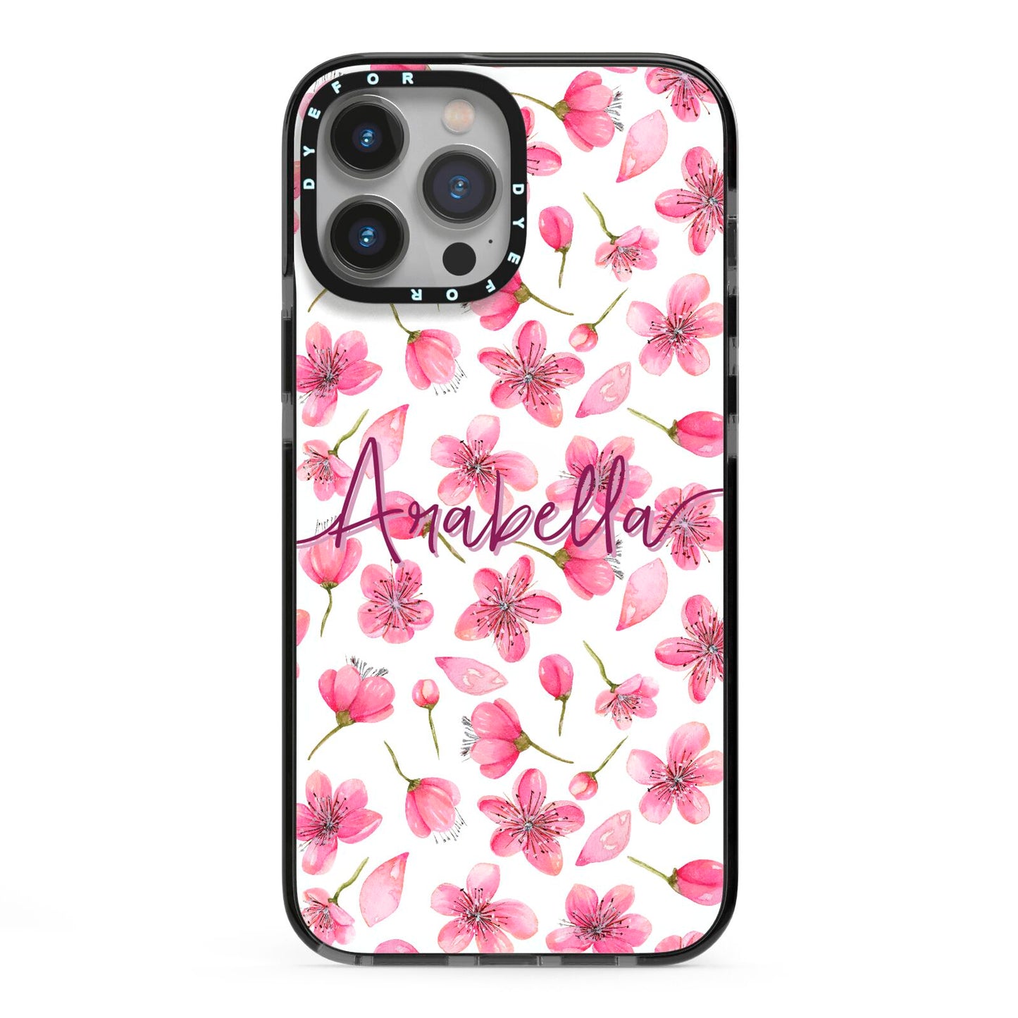Personalised Blossom Pattern Pink iPhone 13 Pro Max Black Impact Case on Silver phone