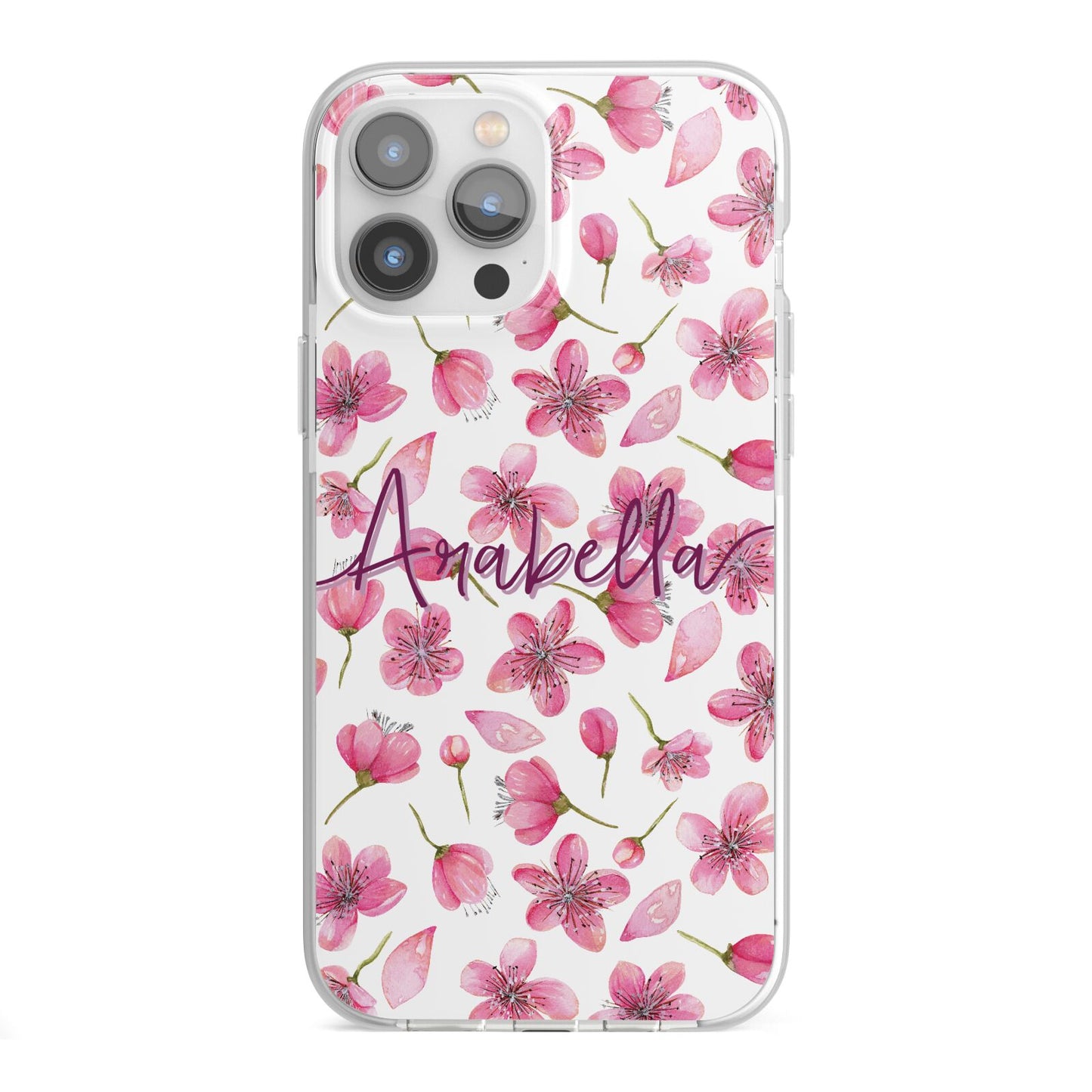 Personalised Blossom Pattern Pink iPhone 13 Pro Max TPU Impact Case with White Edges