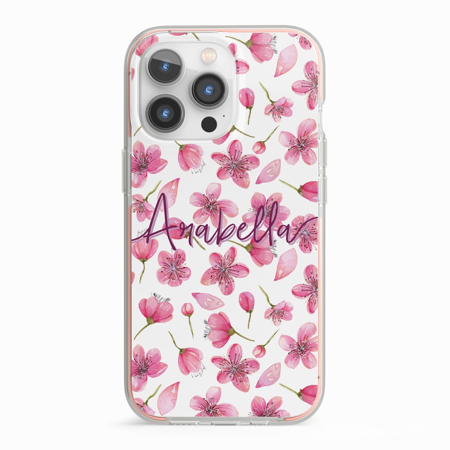Personalised Blossom Pattern Pink iPhone 13 Pro TPU Impact Case with Pink Edges