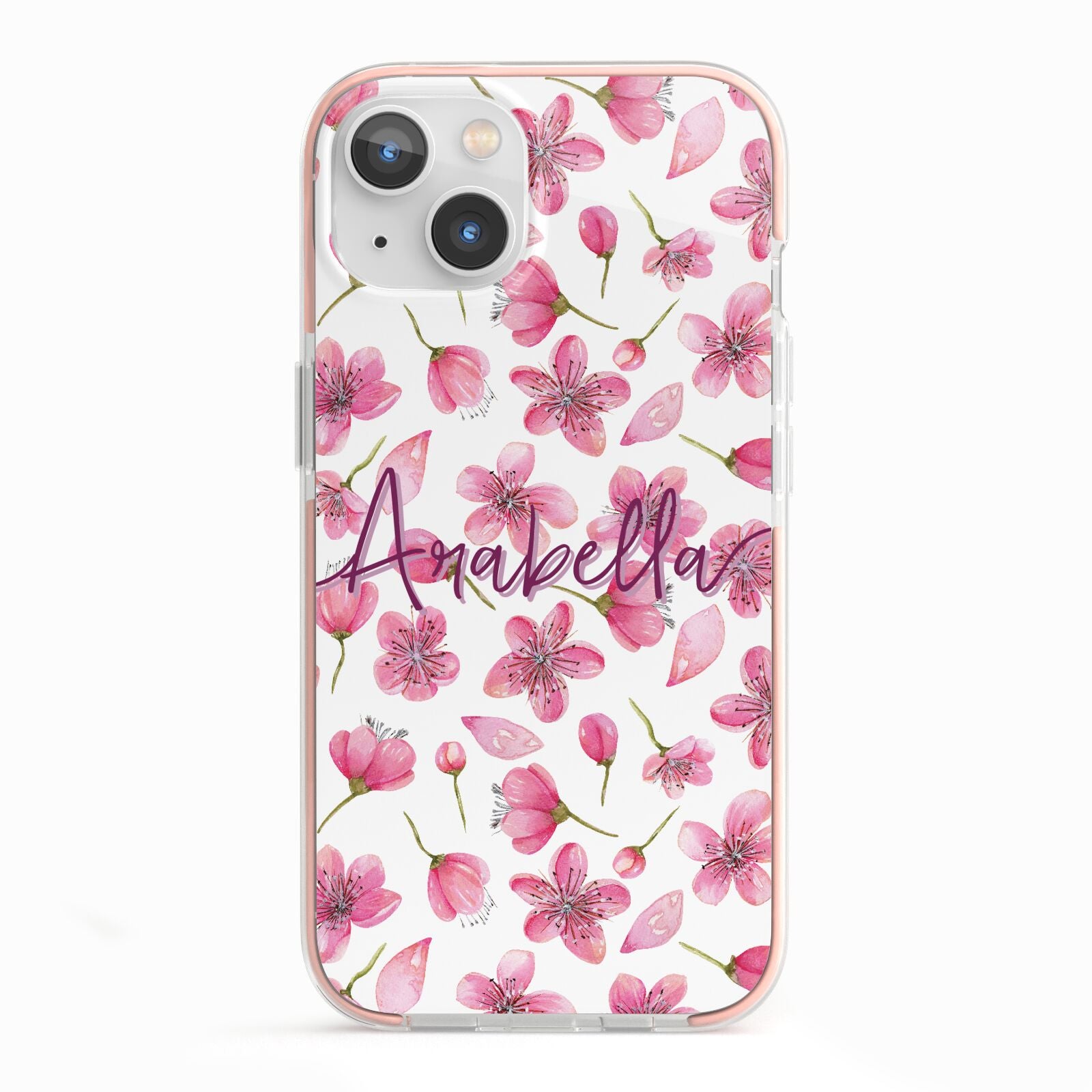 Personalised Blossom Pattern Pink iPhone 13 TPU Impact Case with Pink Edges