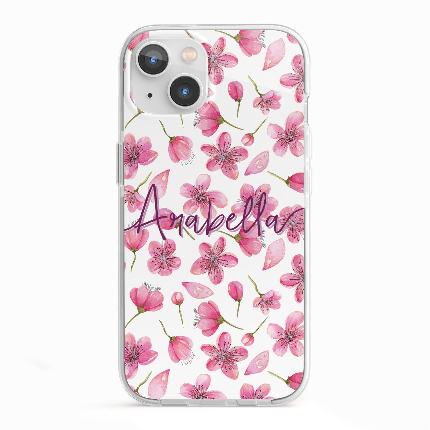 Personalised Blossom Pattern Pink iPhone 13 TPU Impact Case with White Edges