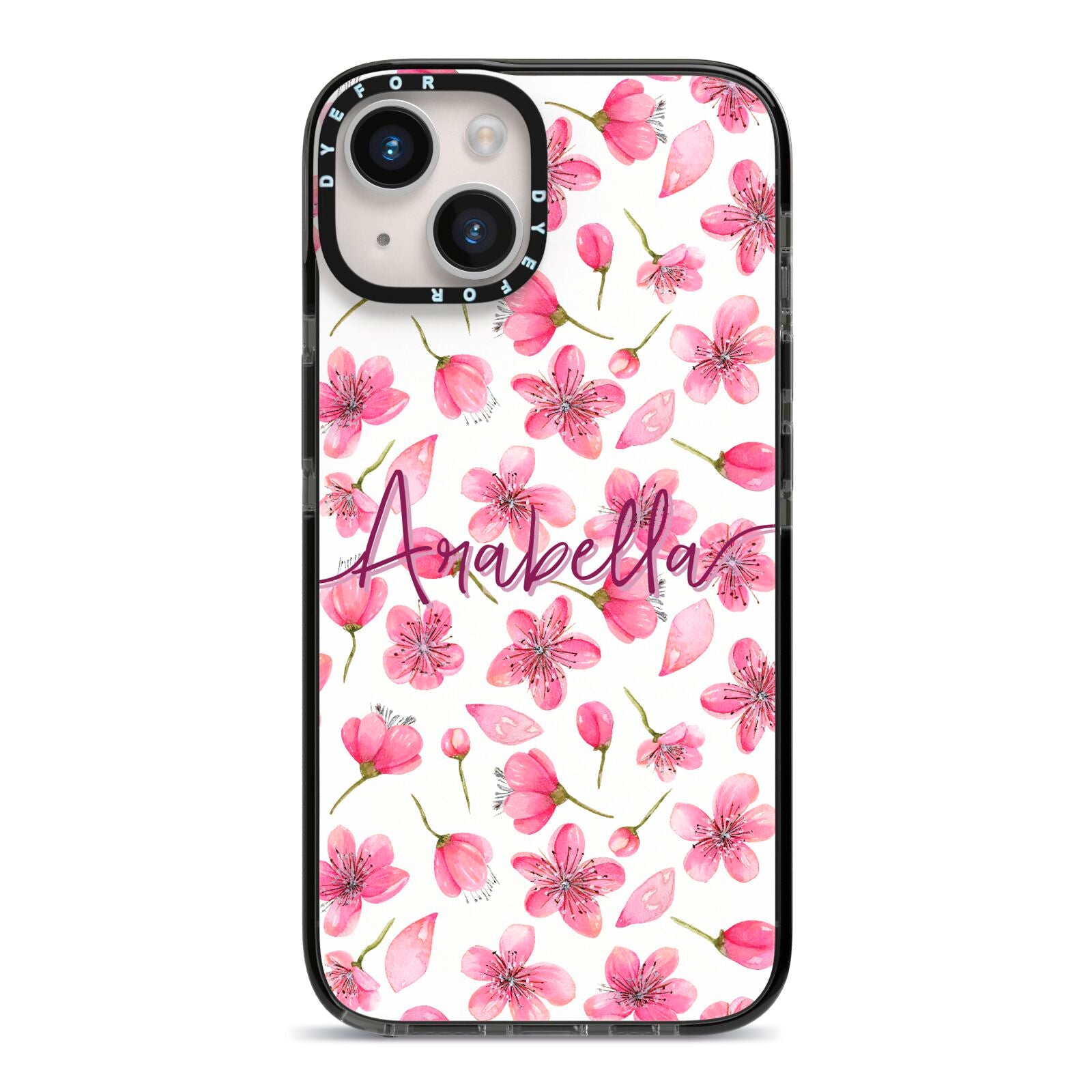 Personalised Blossom Pattern Pink iPhone 14 Black Impact Case on Silver phone