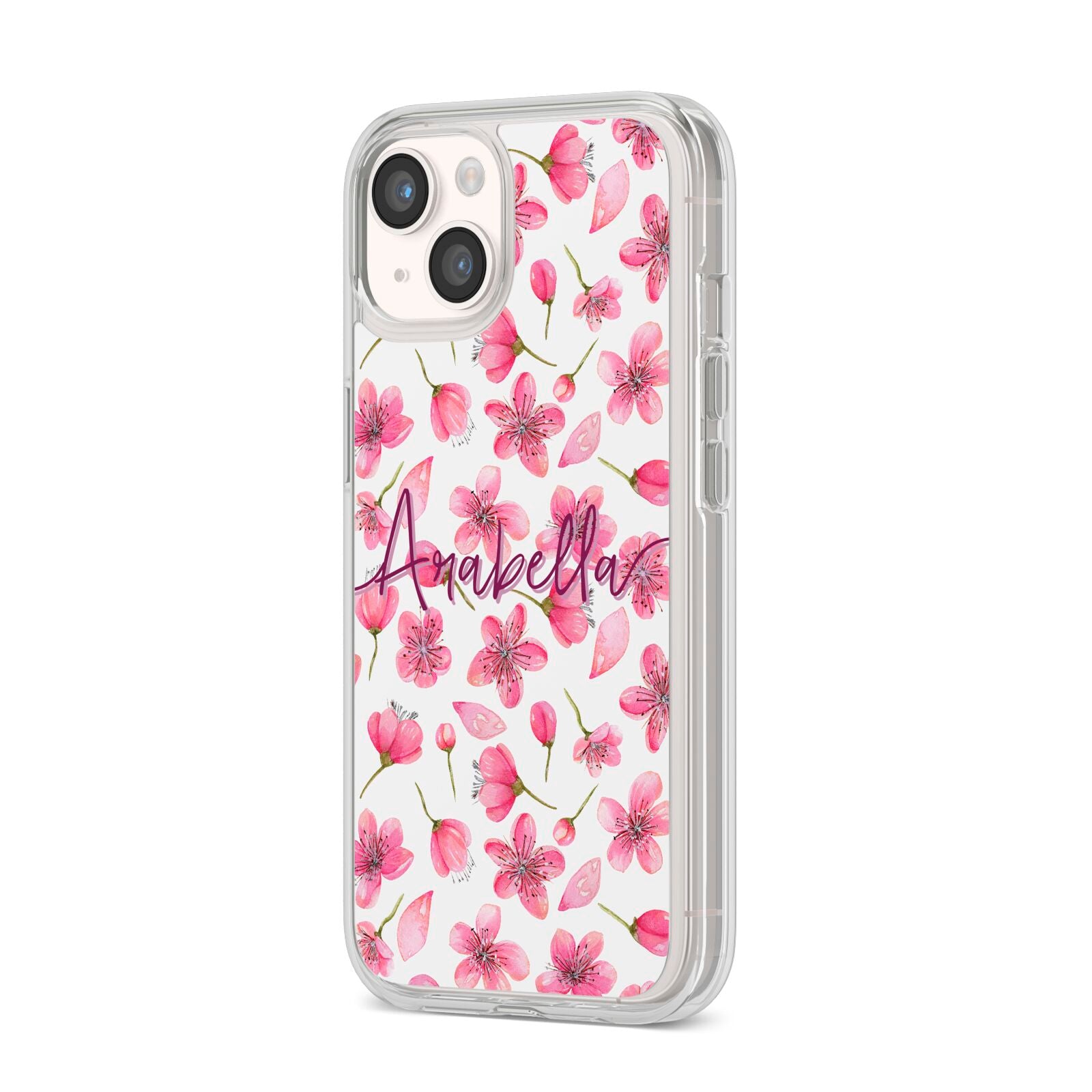 Personalised Blossom Pattern Pink iPhone 14 Clear Tough Case Starlight Angled Image