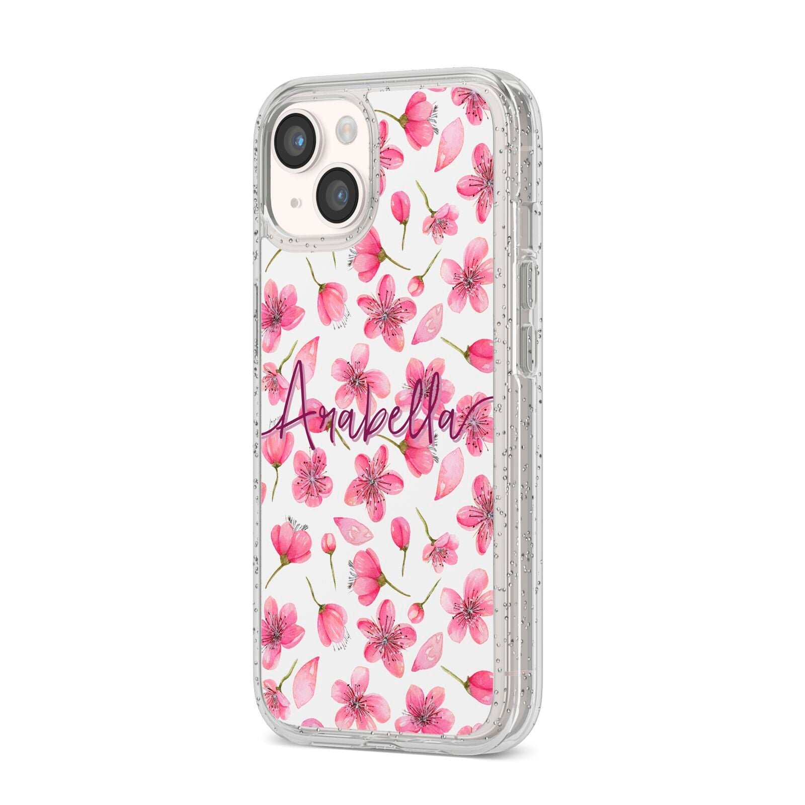 Personalised Blossom Pattern Pink iPhone 14 Glitter Tough Case Starlight Angled Image