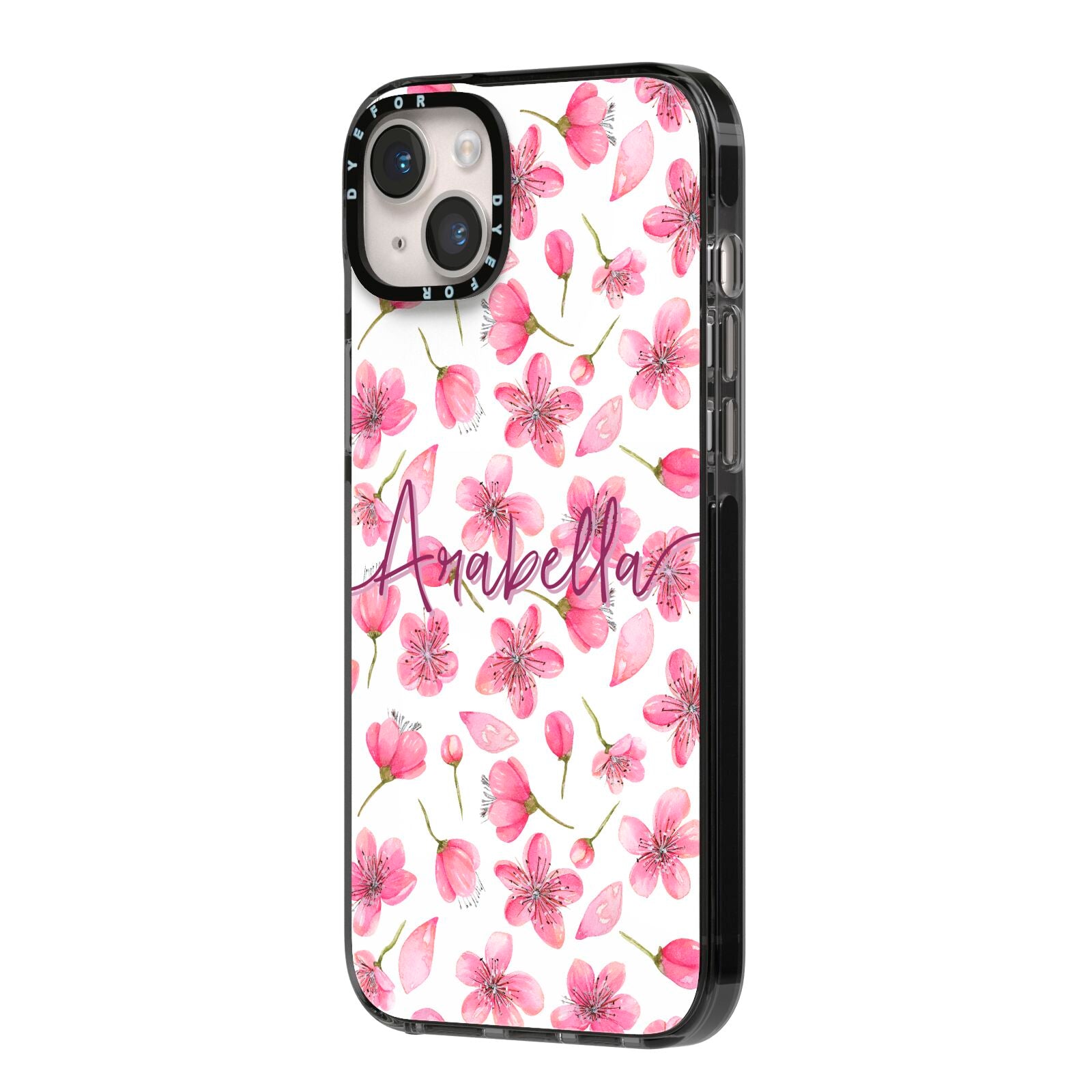 Personalised Blossom Pattern Pink iPhone 14 Plus Black Impact Case Side Angle on Silver phone