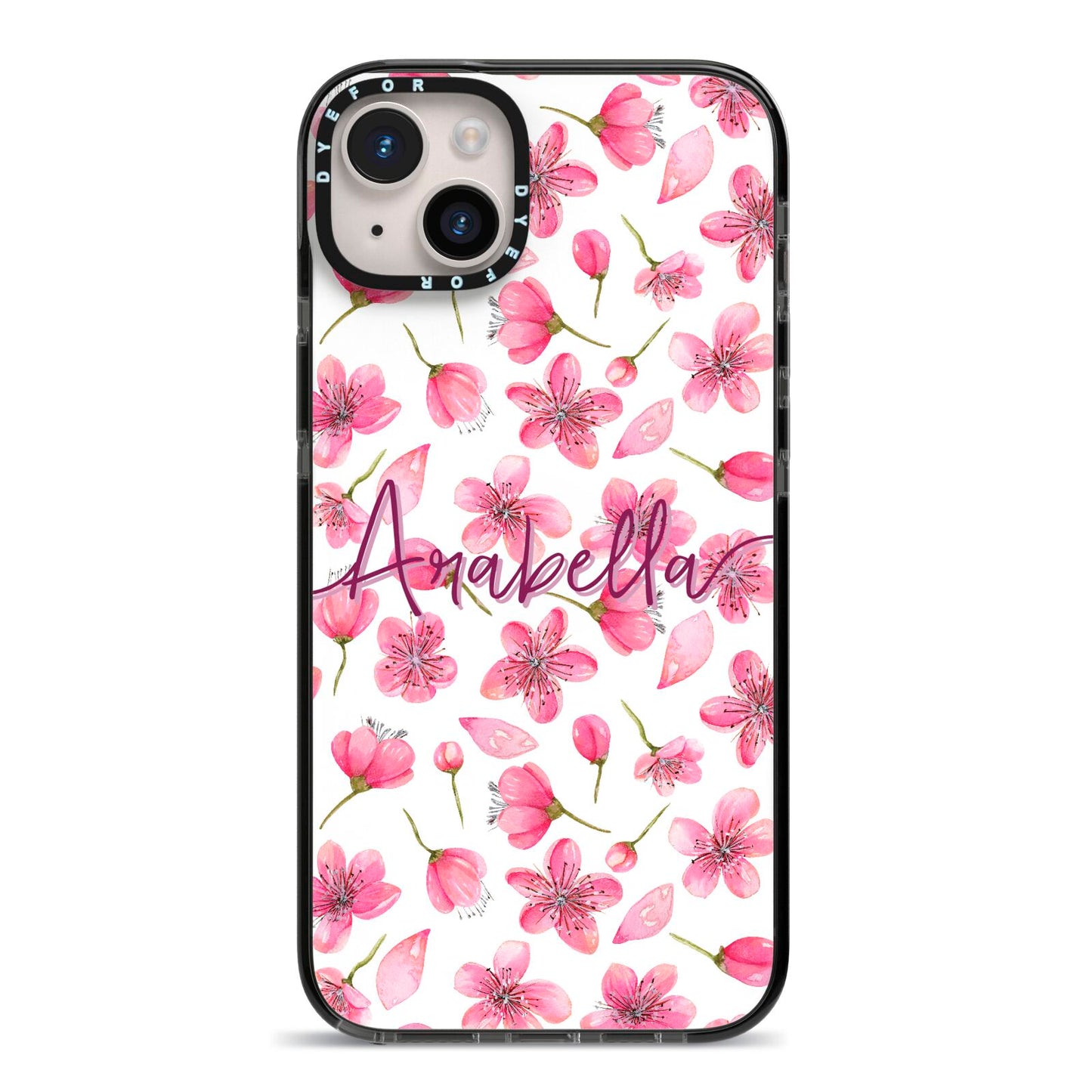 Personalised Blossom Pattern Pink iPhone 14 Plus Black Impact Case on Silver phone
