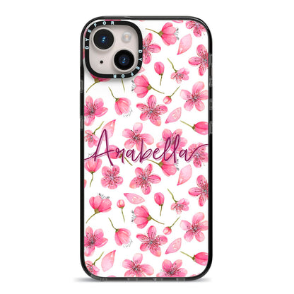 Personalised Blossom Pattern Pink iPhone 14 Plus Black Impact Case on Silver phone