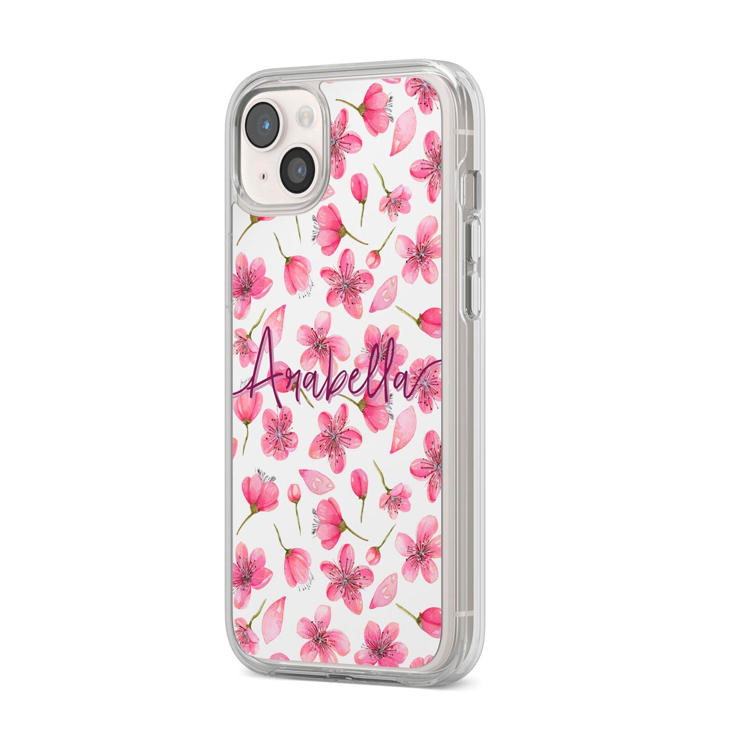Personalised Blossom Pattern Pink iPhone 14 Plus Clear Tough Case Starlight Angled Image