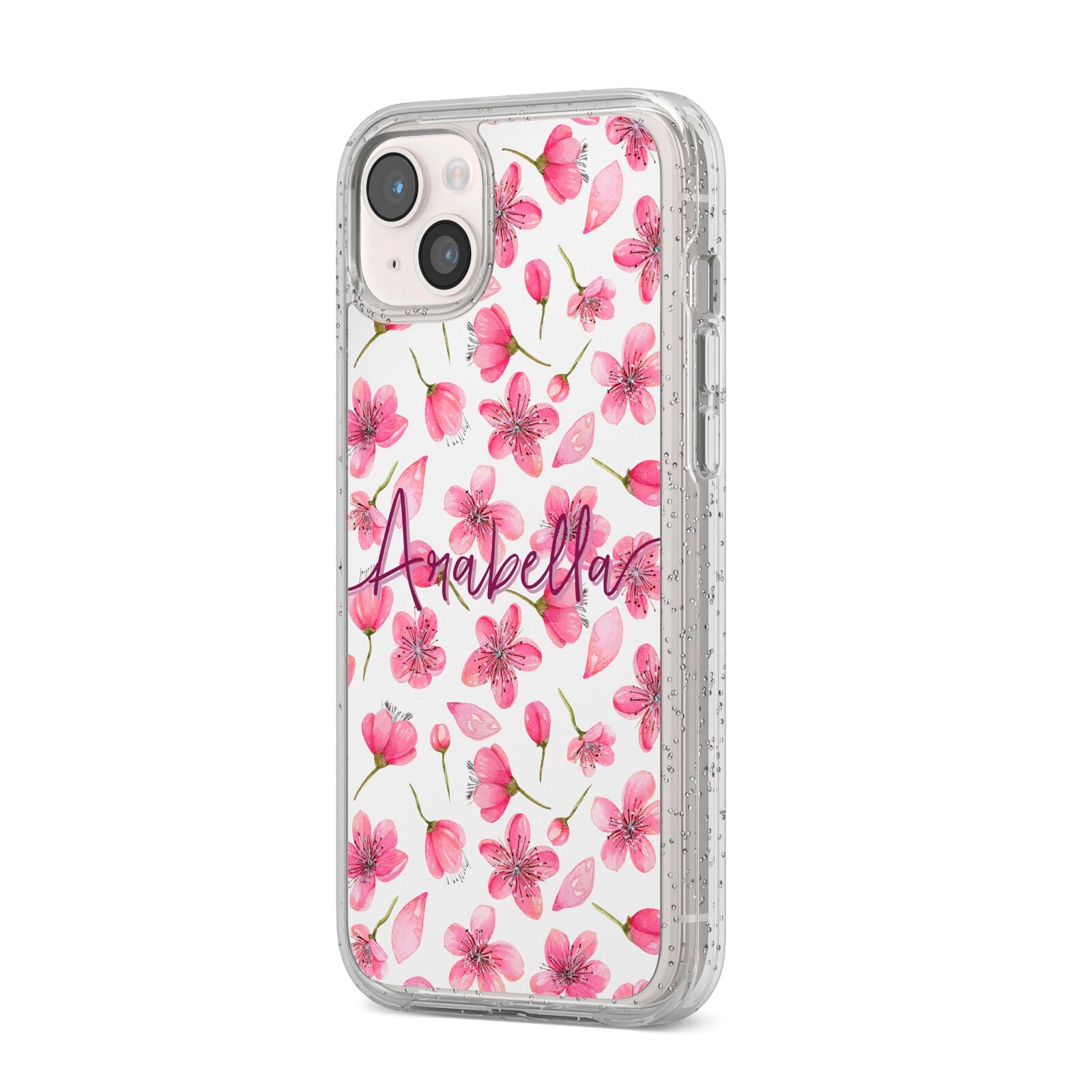 Personalised Blossom Pattern Pink iPhone 14 Plus Glitter Tough Case Starlight Angled Image