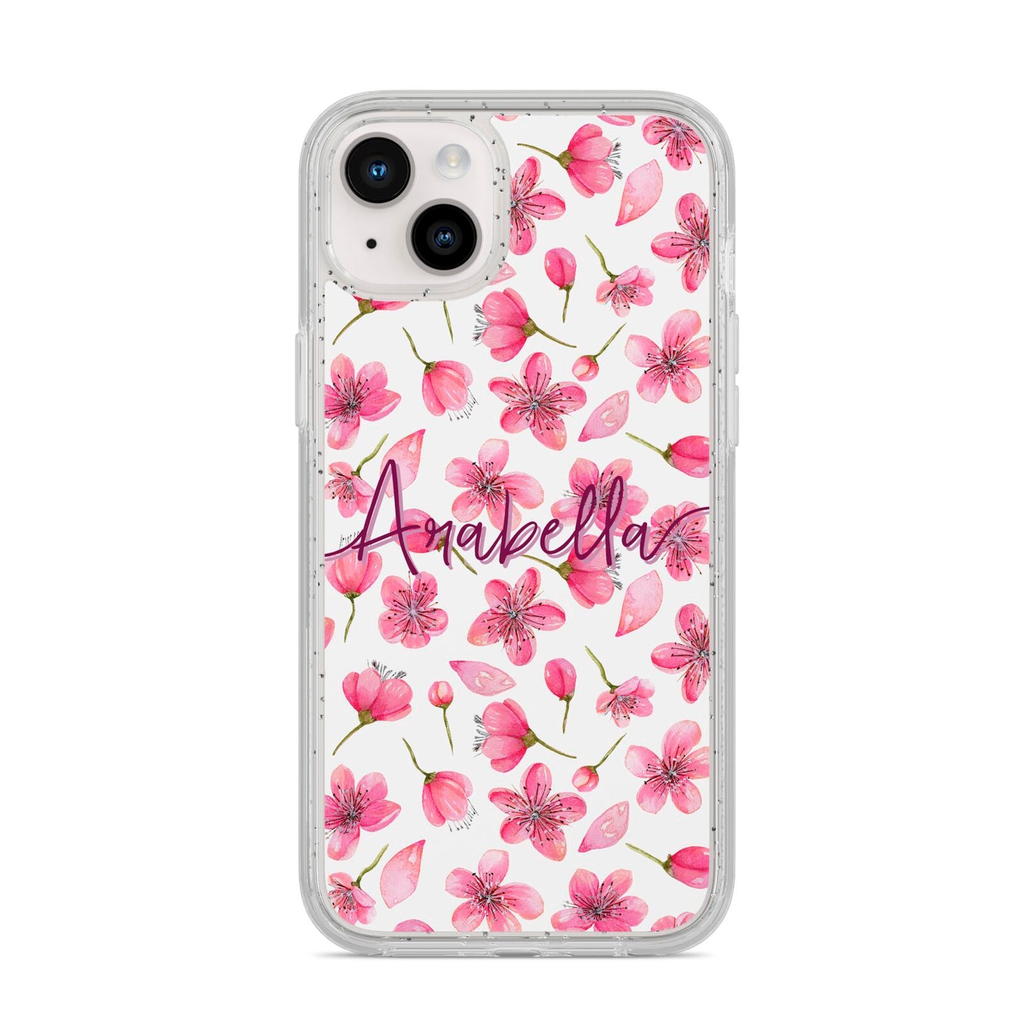 Personalised Blossom Pattern Pink iPhone 14 Plus Glitter Tough Case Starlight