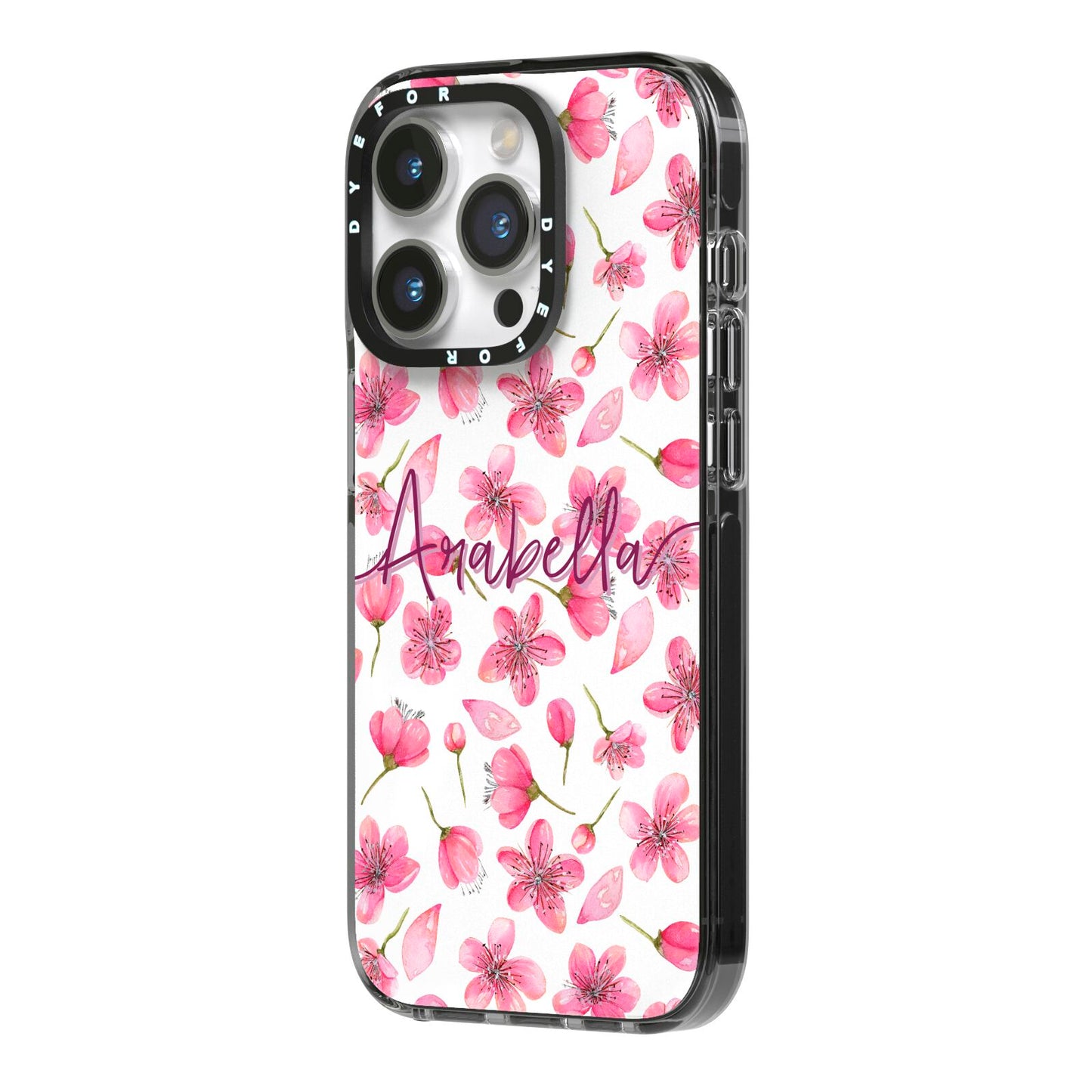 Personalised Blossom Pattern Pink iPhone 14 Pro Black Impact Case Side Angle on Silver phone