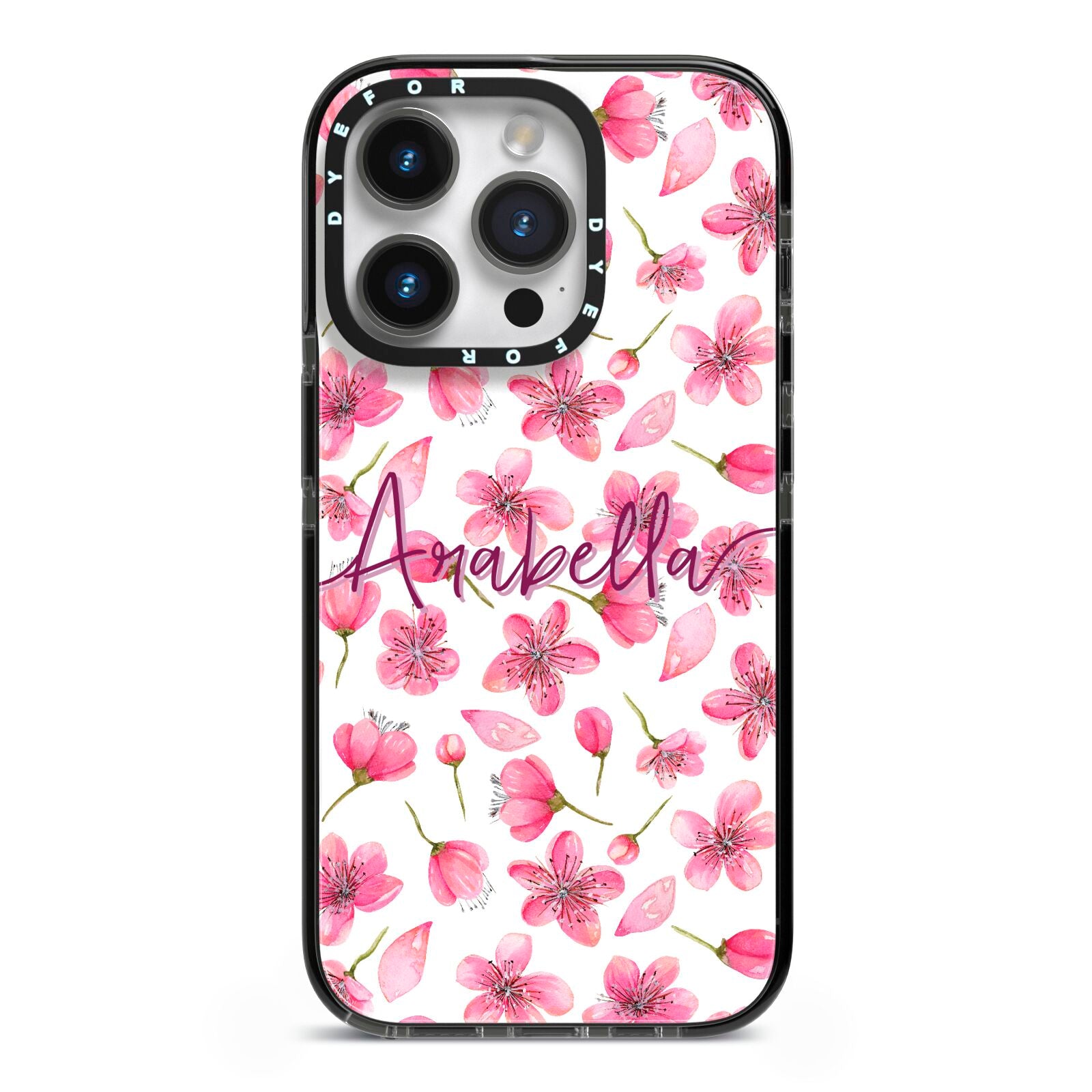 Personalised Blossom Pattern Pink iPhone 14 Pro Black Impact Case on Silver phone