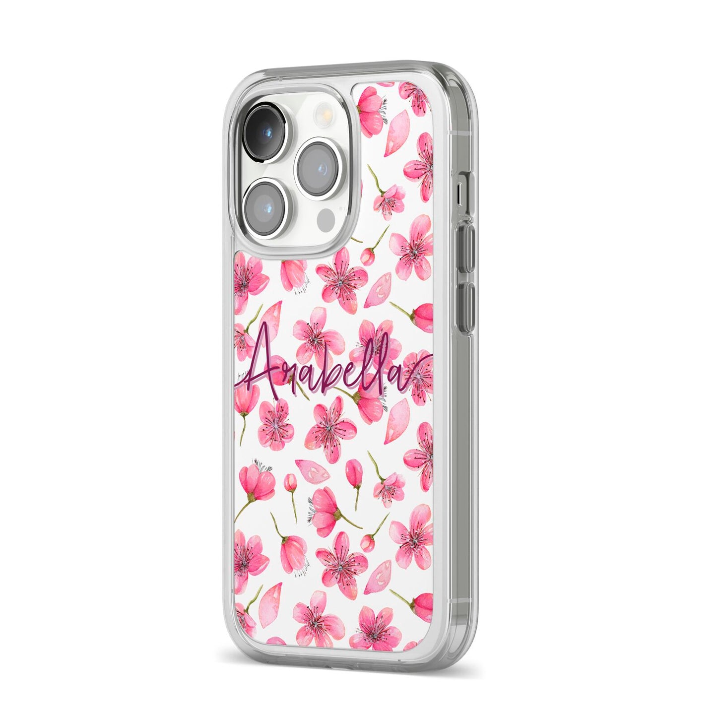 Personalised Blossom Pattern Pink iPhone 14 Pro Clear Tough Case Silver Angled Image