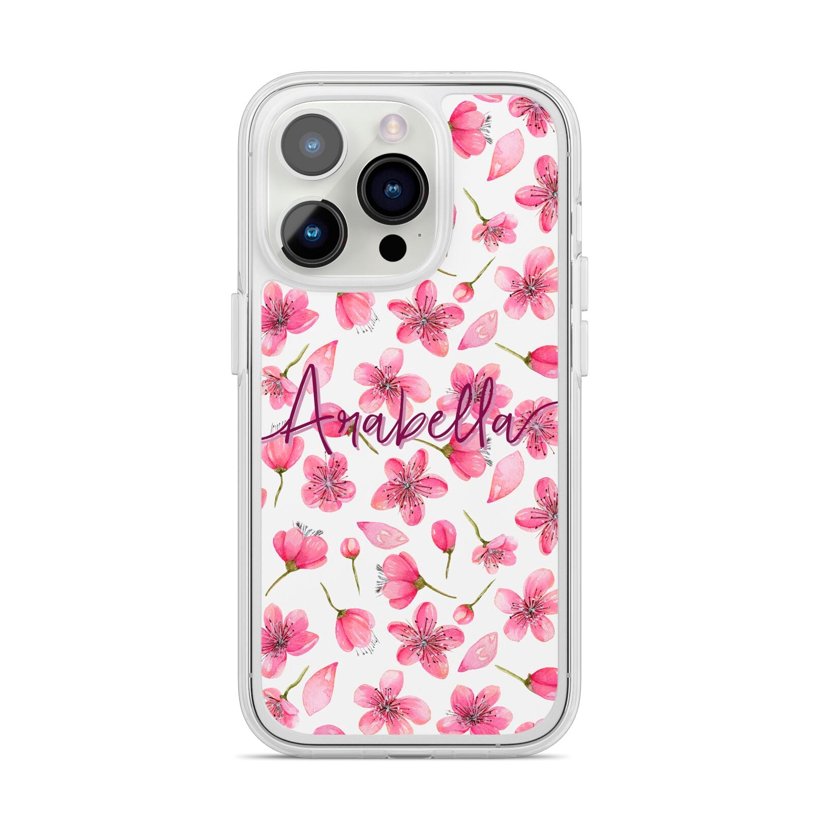 Personalised Blossom Pattern Pink iPhone 14 Pro Clear Tough Case Silver