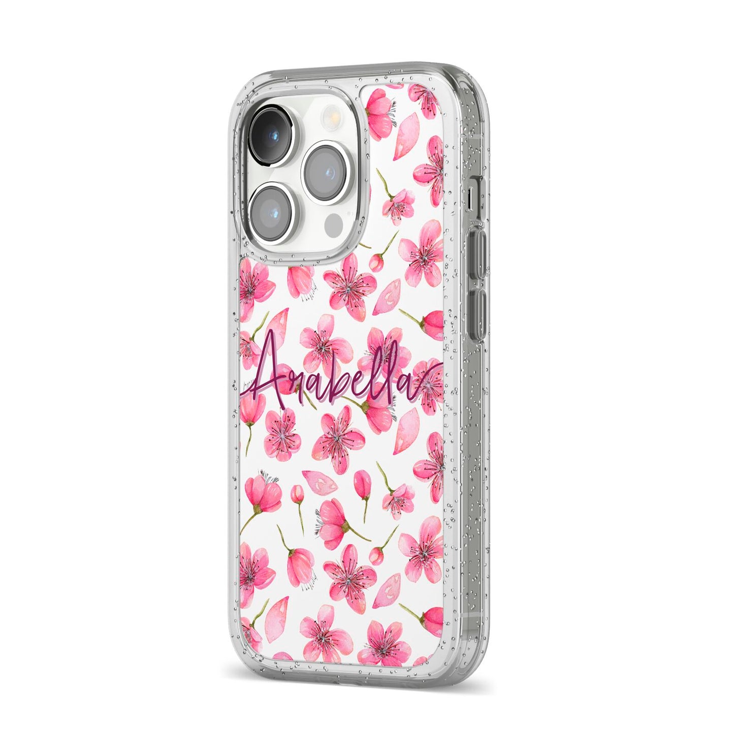 Personalised Blossom Pattern Pink iPhone 14 Pro Glitter Tough Case Silver Angled Image