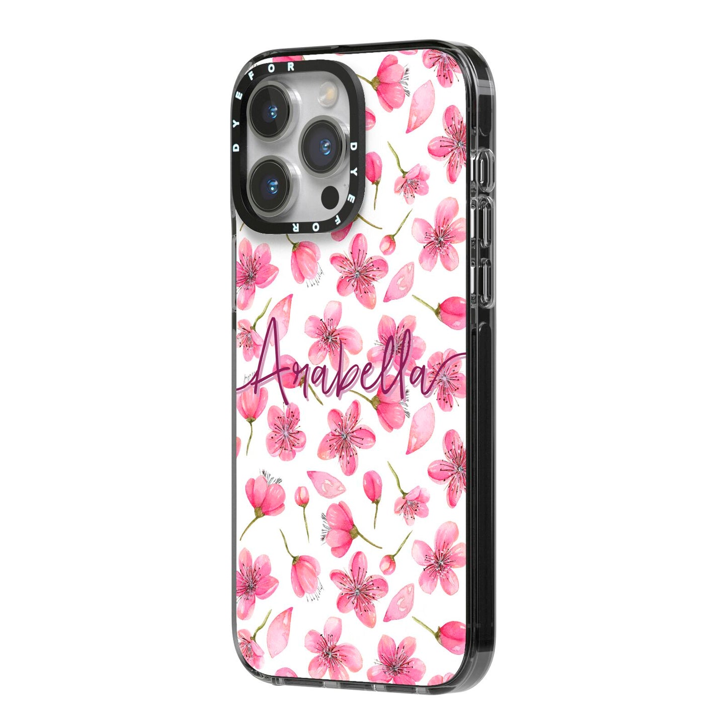 Personalised Blossom Pattern Pink iPhone 14 Pro Max Black Impact Case Side Angle on Silver phone