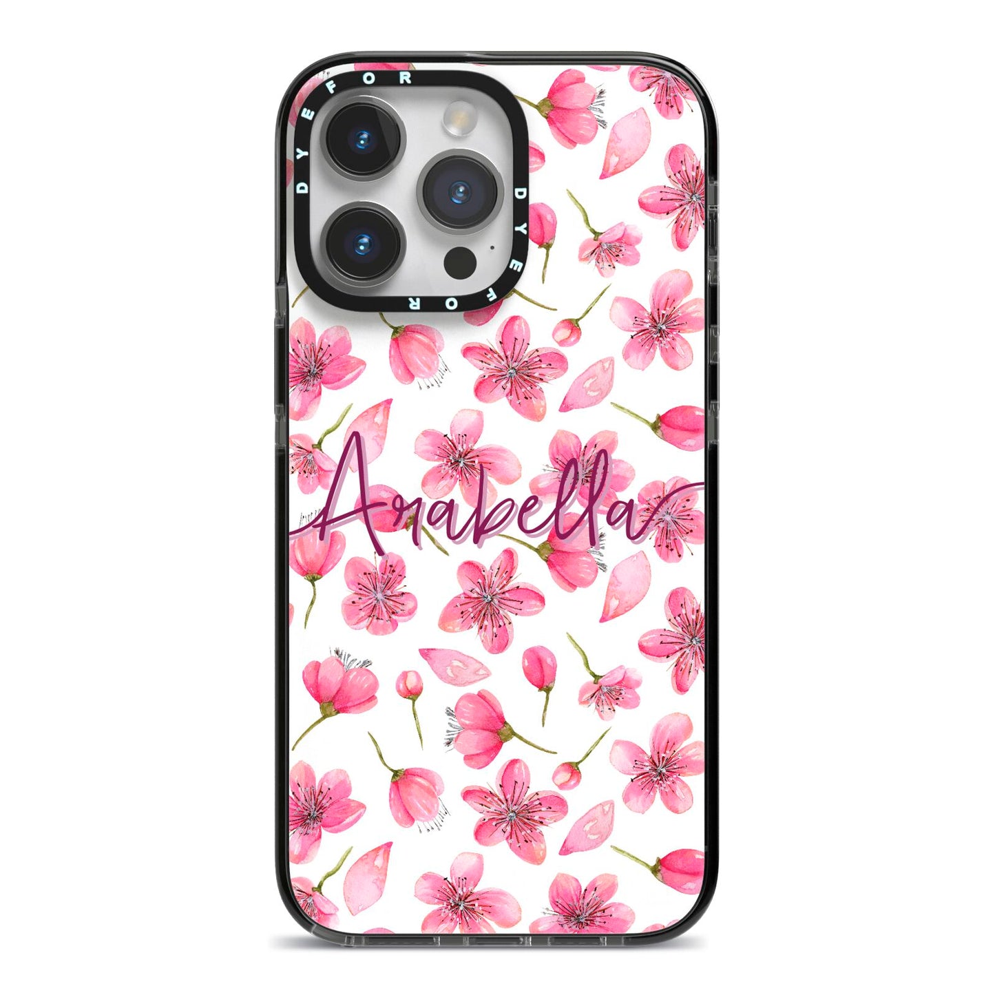 Personalised Blossom Pattern Pink iPhone 14 Pro Max Black Impact Case on Silver phone