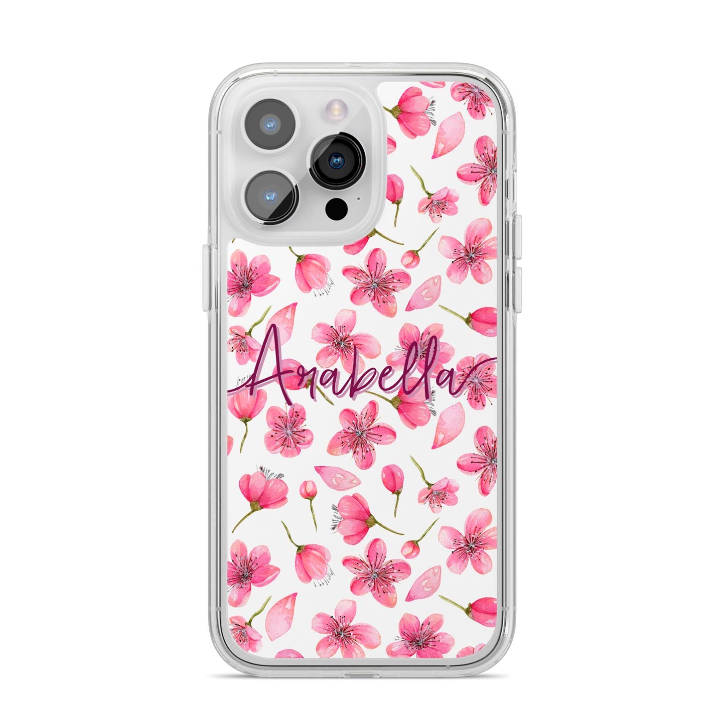 Personalised Blossom Pattern Pink iPhone 14 Pro Max Clear Tough Case Silver