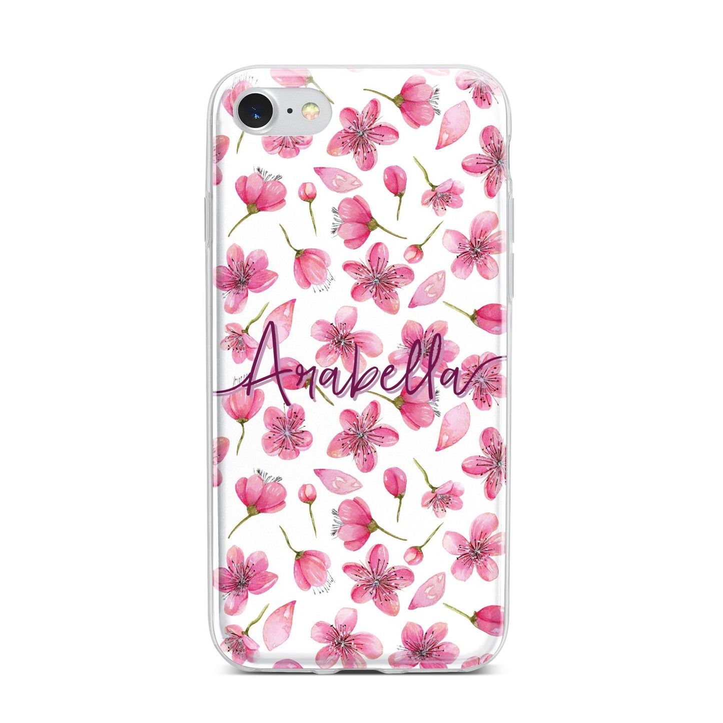 Personalised Blossom Pattern Pink iPhone 7 Bumper Case on Silver iPhone