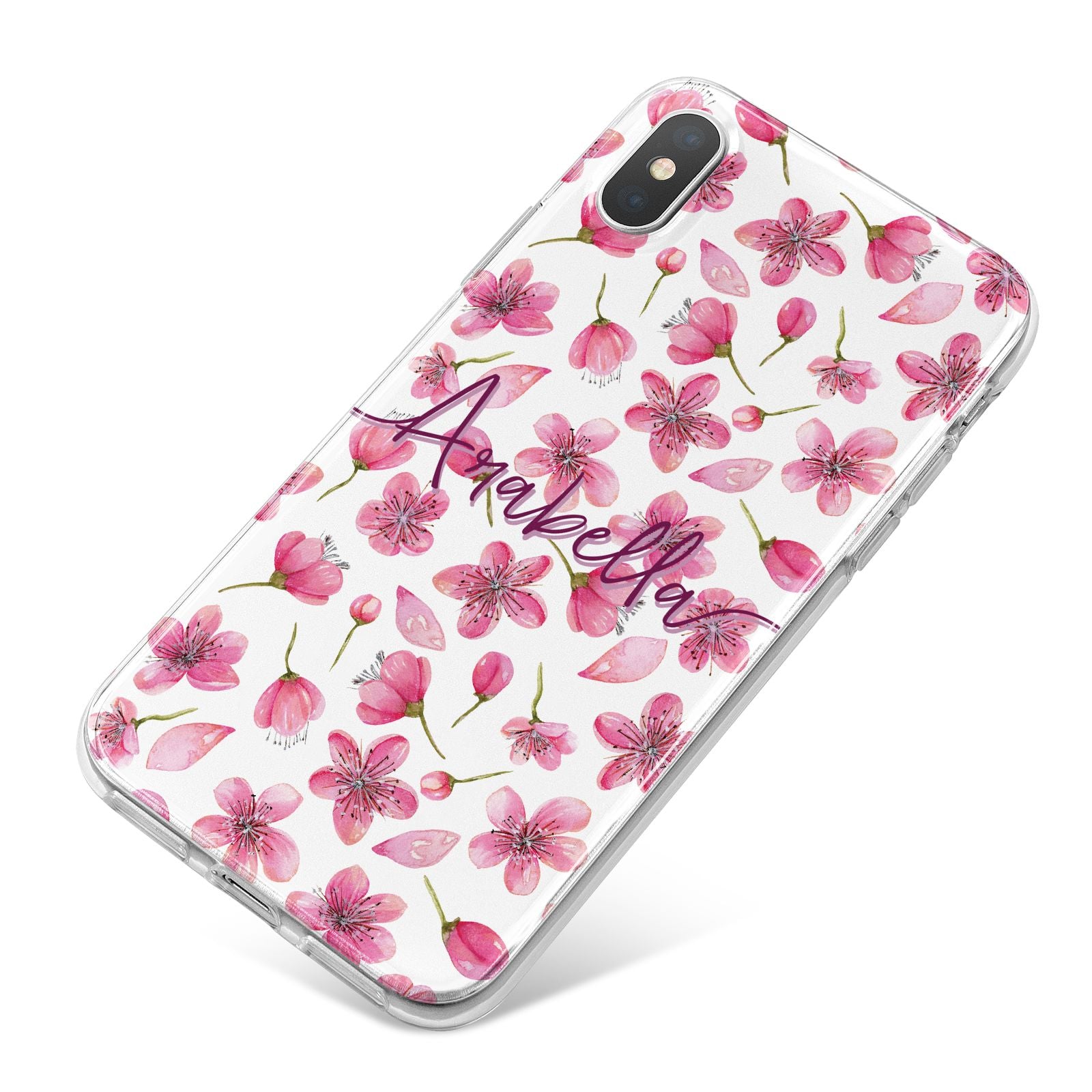 Personalised Blossom Pattern Pink iPhone X Bumper Case on Silver iPhone