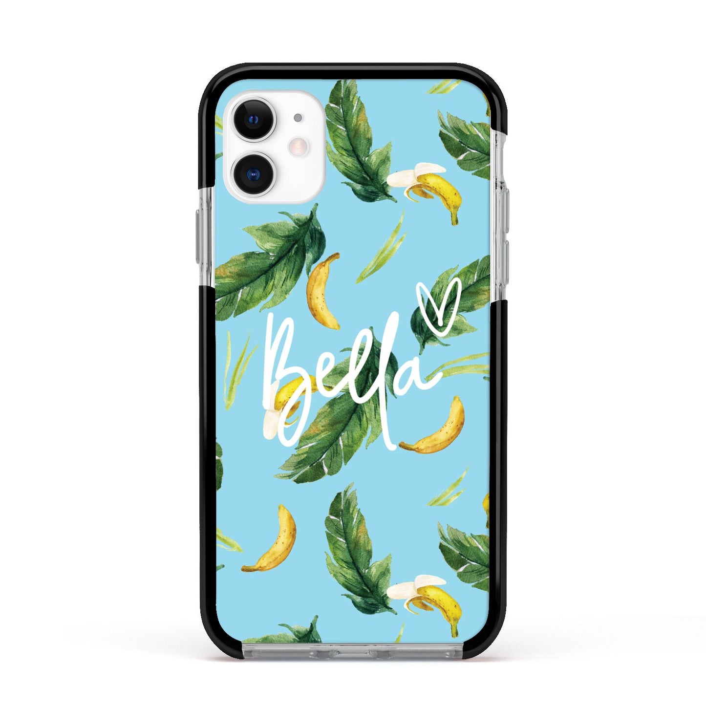 Personalised Blue Banana Tropical Apple iPhone 11 in White with Black Impact Case