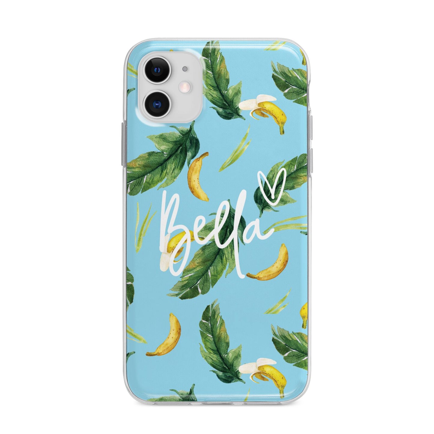 Personalised Blue Banana Tropical Apple iPhone 11 in White with Bumper Case