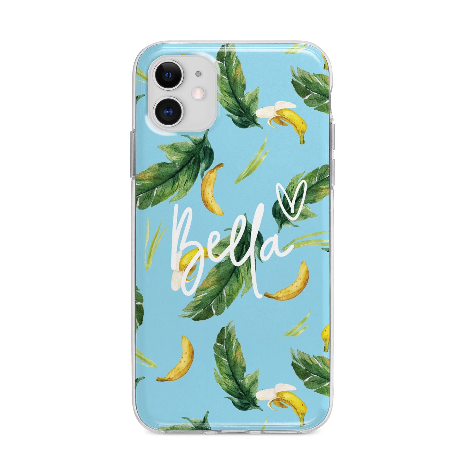 Personalised Blue Banana Tropical Apple iPhone 11 in White with Bumper Case