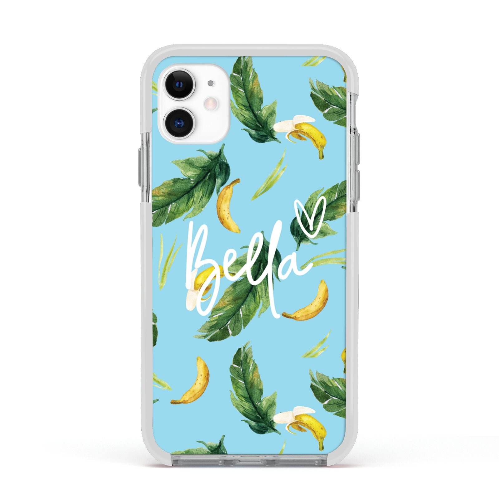 Personalised Blue Banana Tropical Apple iPhone 11 in White with White Impact Case