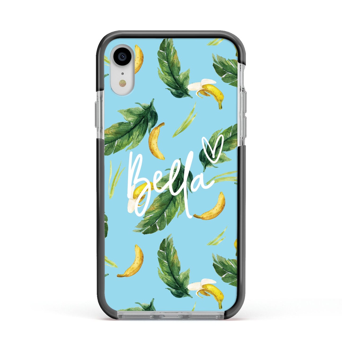Personalised Blue Banana Tropical Apple iPhone XR Impact Case Black Edge on Silver Phone