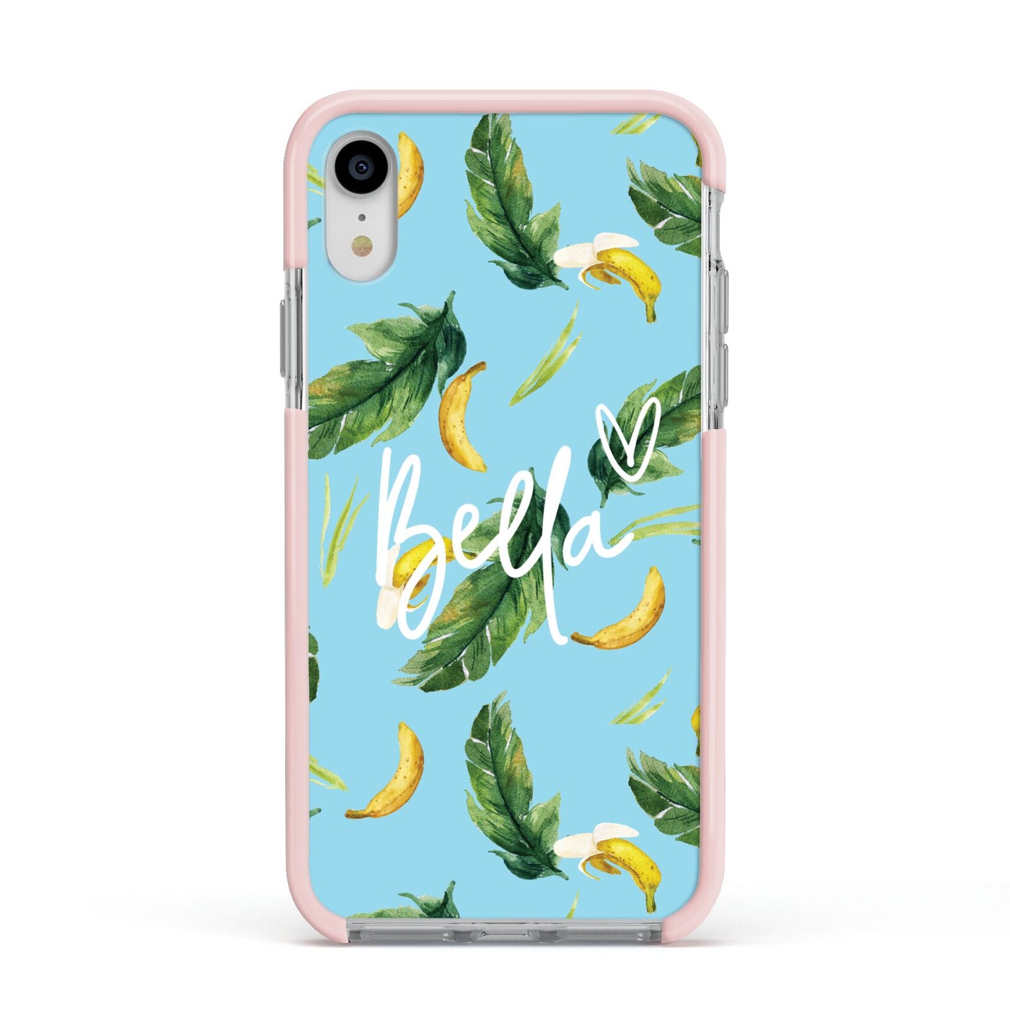 Personalised Blue Banana Tropical Apple iPhone XR Impact Case Pink Edge on Silver Phone