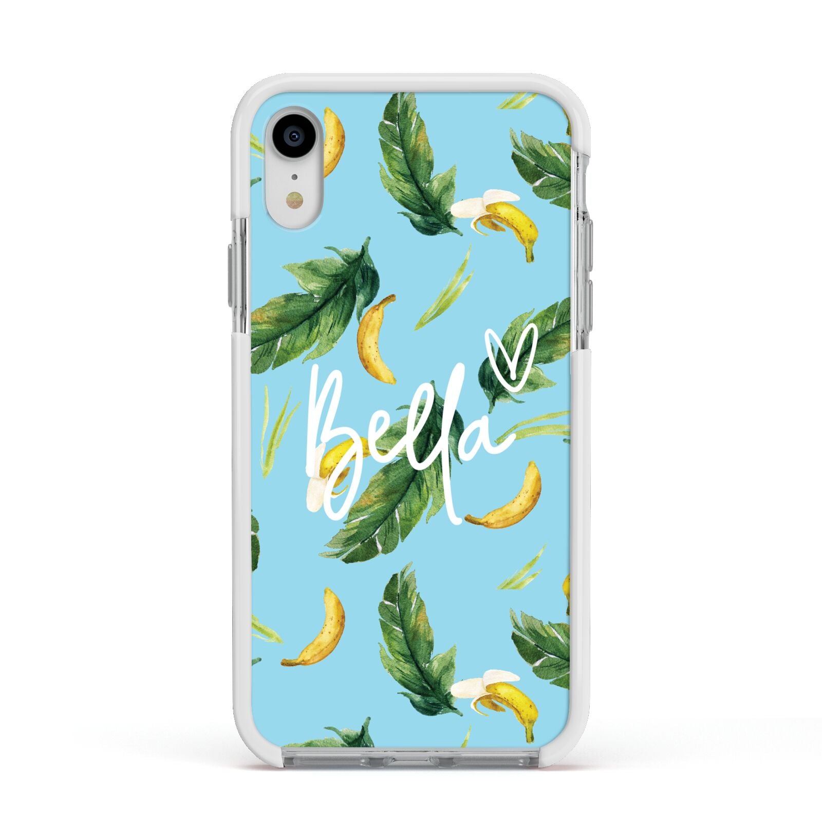 Personalised Blue Banana Tropical Apple iPhone XR Impact Case White Edge on Silver Phone