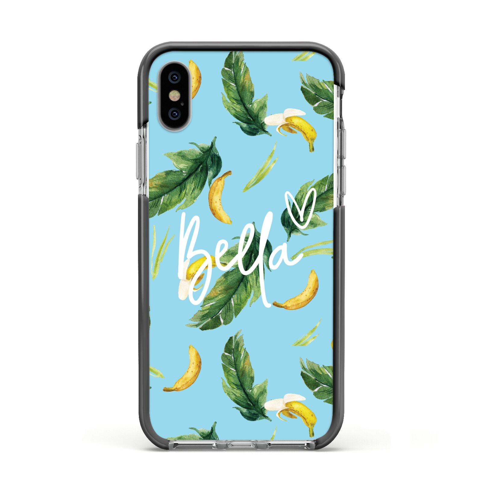 Personalised Blue Banana Tropical Apple iPhone Xs Impact Case Black Edge on Silver Phone