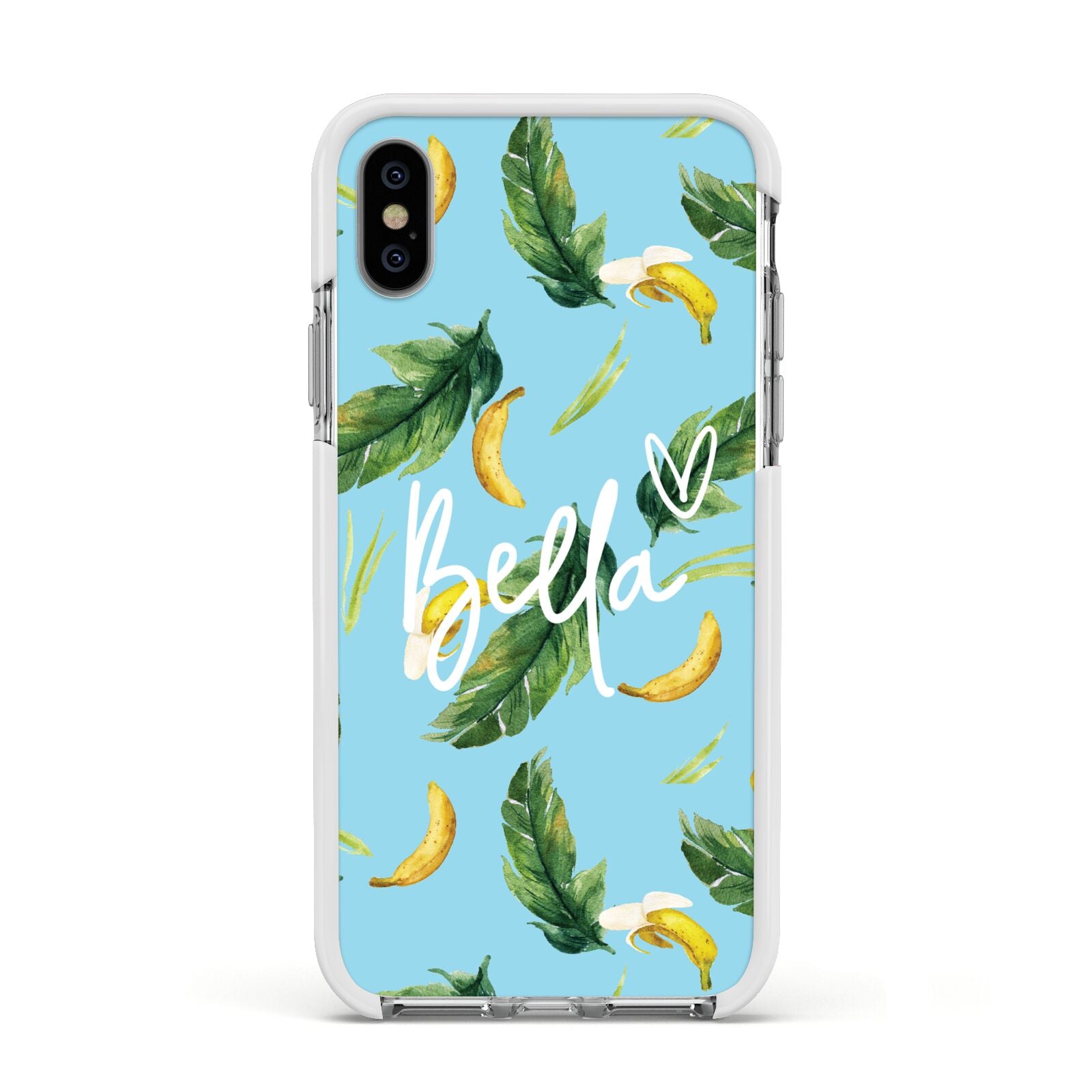 Personalised Blue Banana Tropical Apple iPhone Xs Impact Case White Edge on Silver Phone