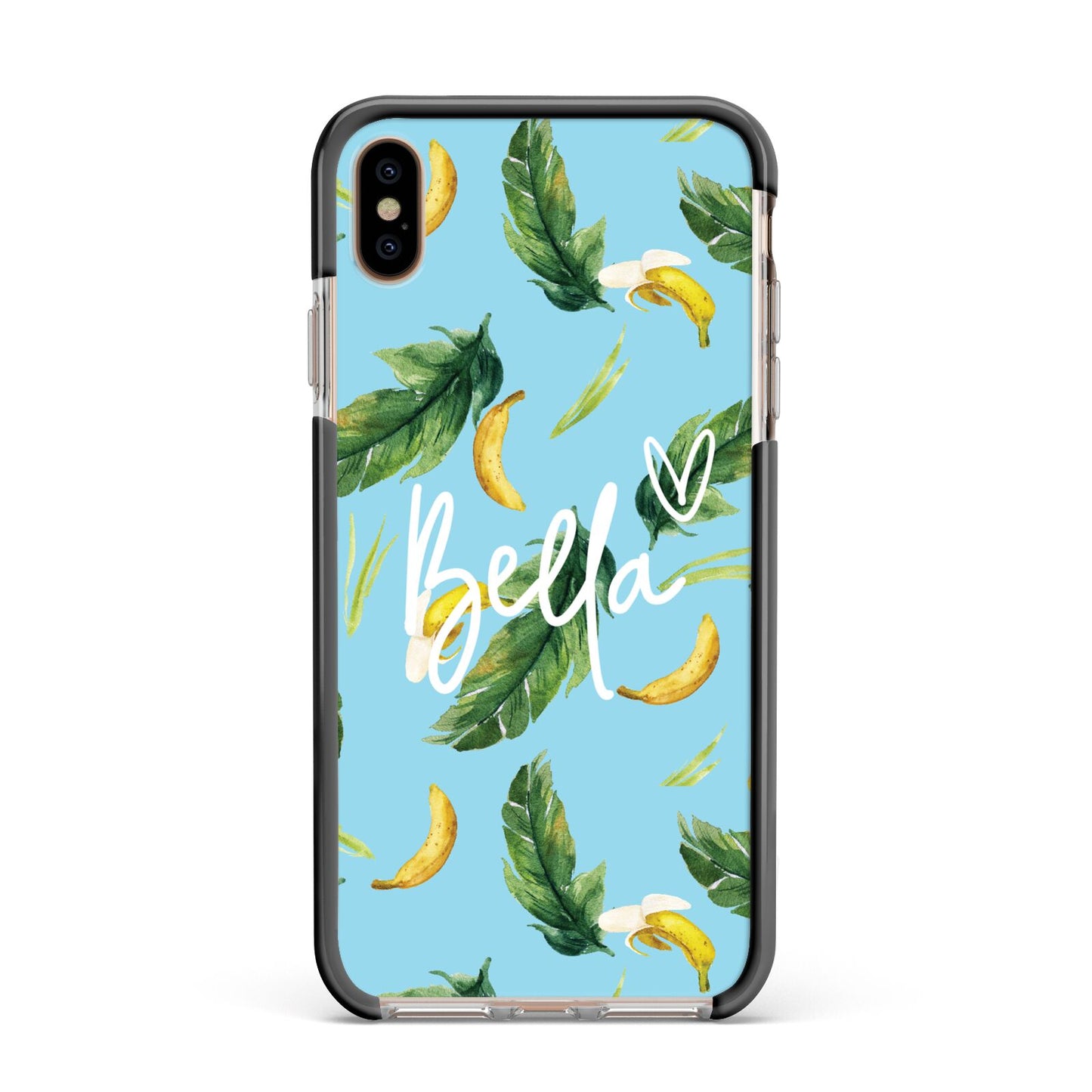 Personalised Blue Banana Tropical Apple iPhone Xs Max Impact Case Black Edge on Gold Phone