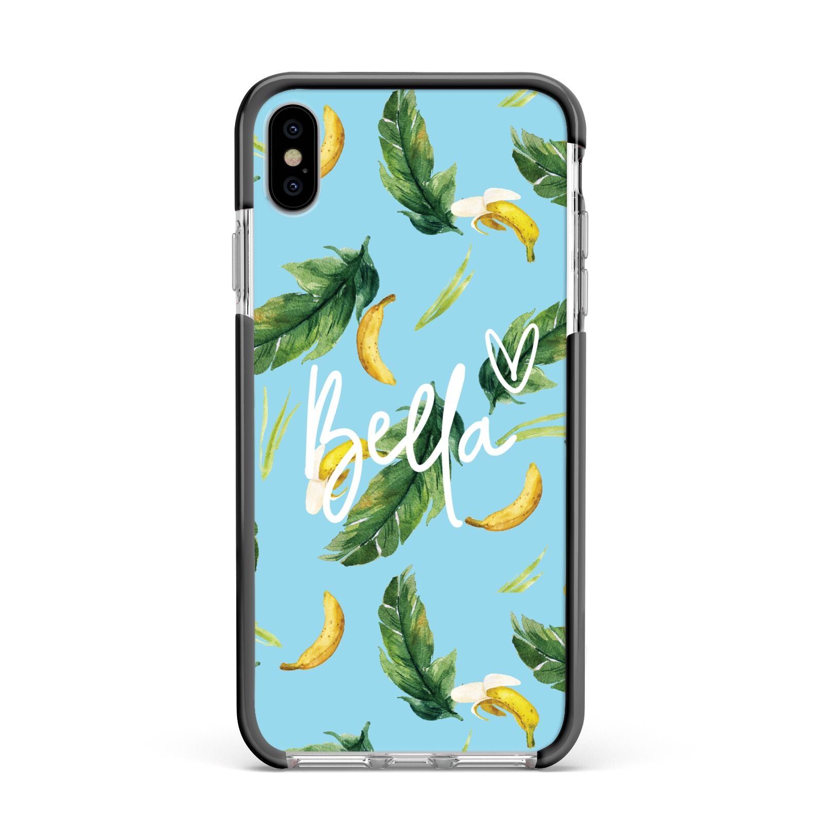 Personalised Blue Banana Tropical Apple iPhone Xs Max Impact Case Black Edge on Silver Phone