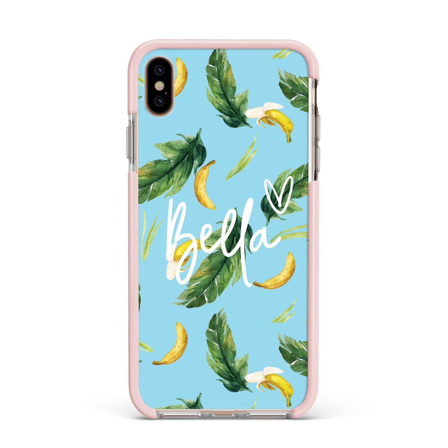 Personalised Blue Banana Tropical Apple iPhone Xs Max Impact Case Pink Edge on Gold Phone