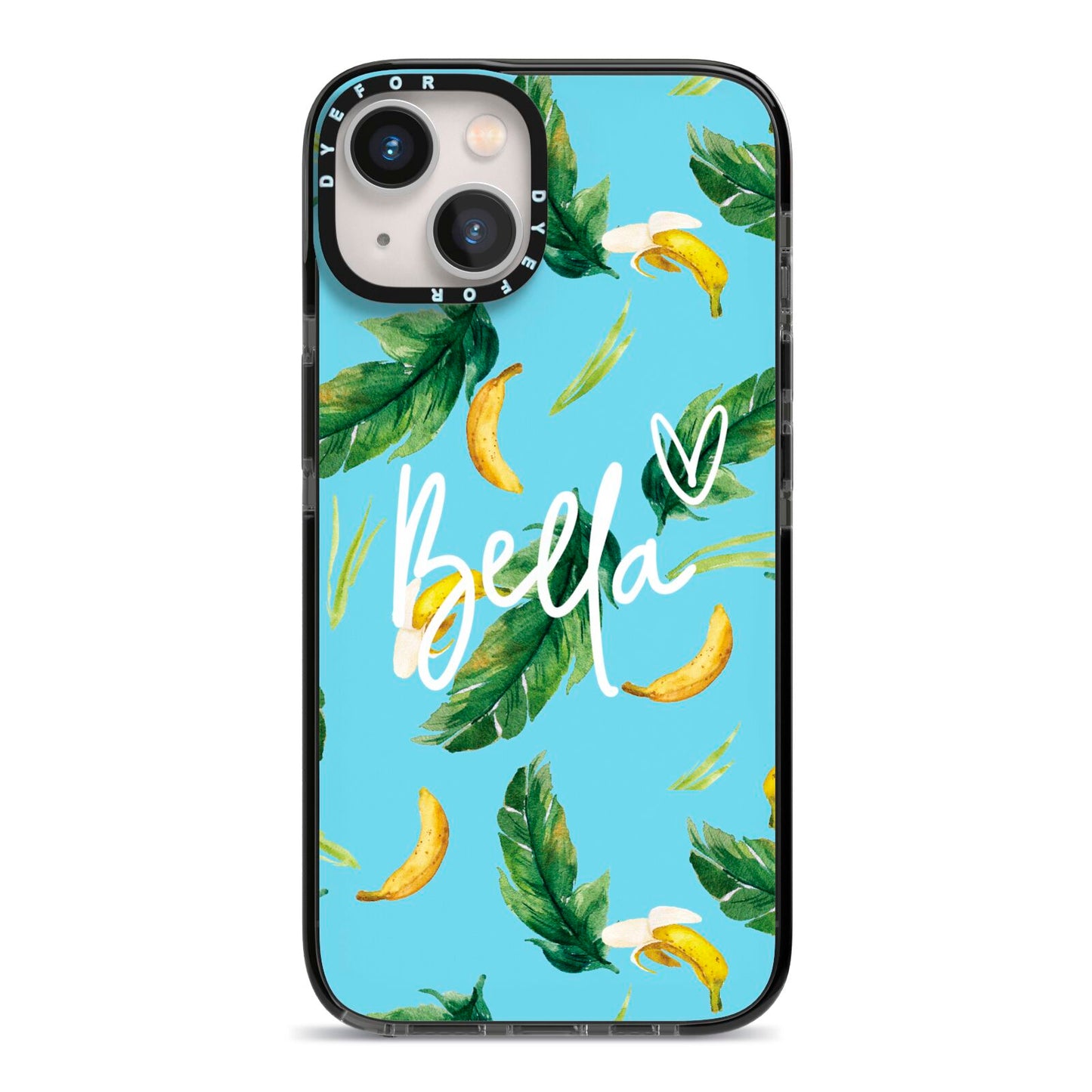 Personalised Blue Banana Tropical iPhone 13 Black Impact Case on Silver phone