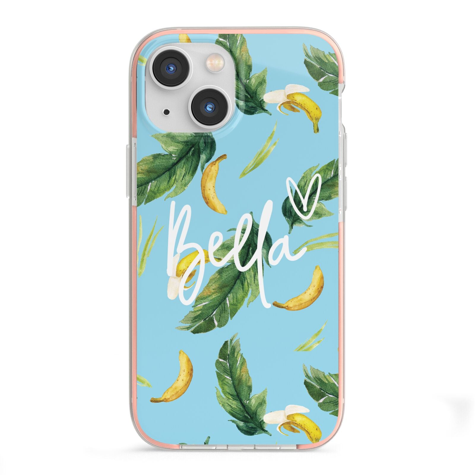 Personalised Blue Banana Tropical iPhone 13 Mini TPU Impact Case with Pink Edges