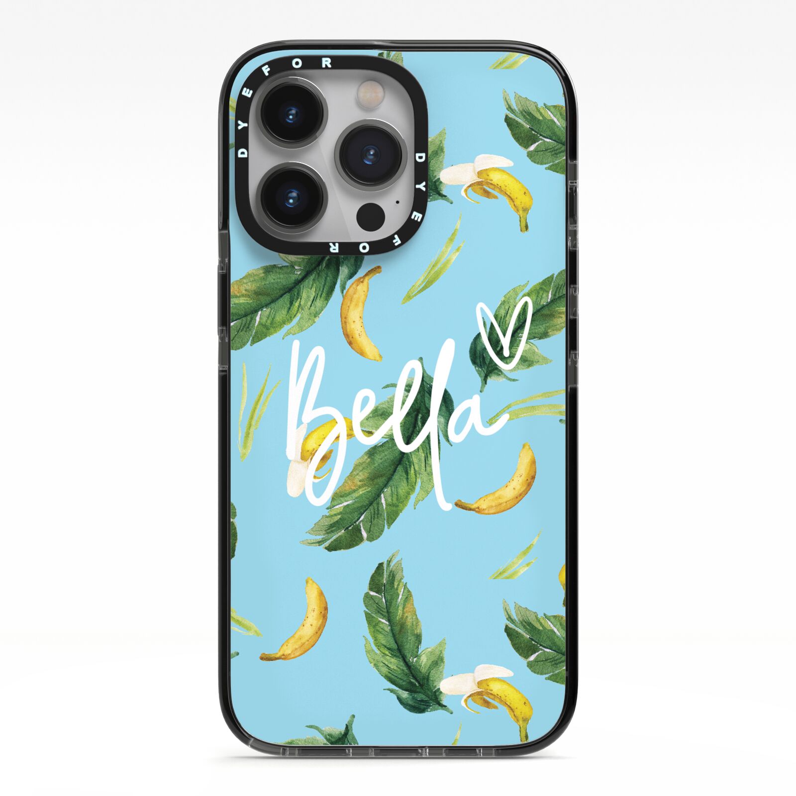 Personalised Blue Banana Tropical iPhone 13 Pro Black Impact Case on Silver phone