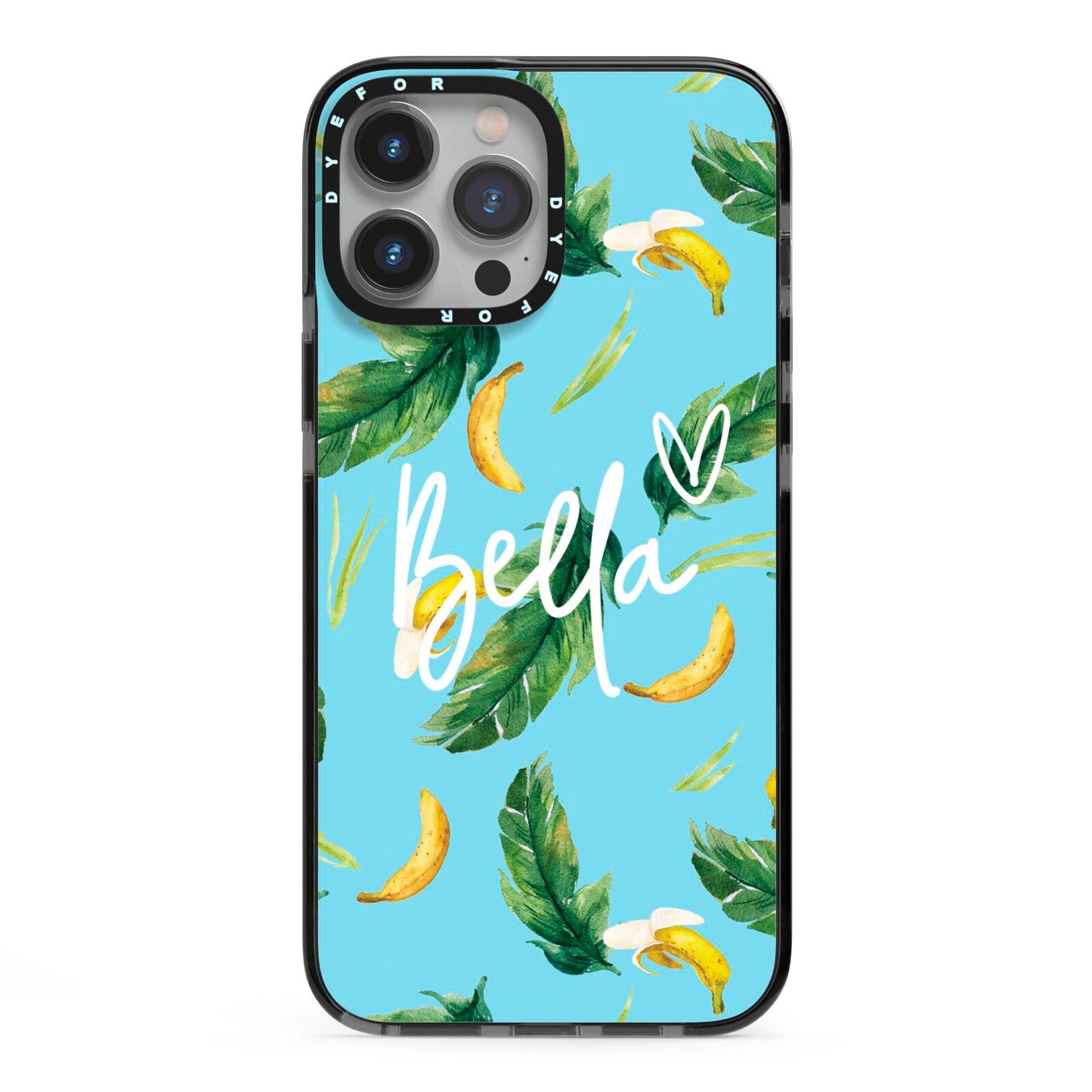 Personalised Blue Banana Tropical iPhone 13 Pro Max Black Impact Case on Silver phone