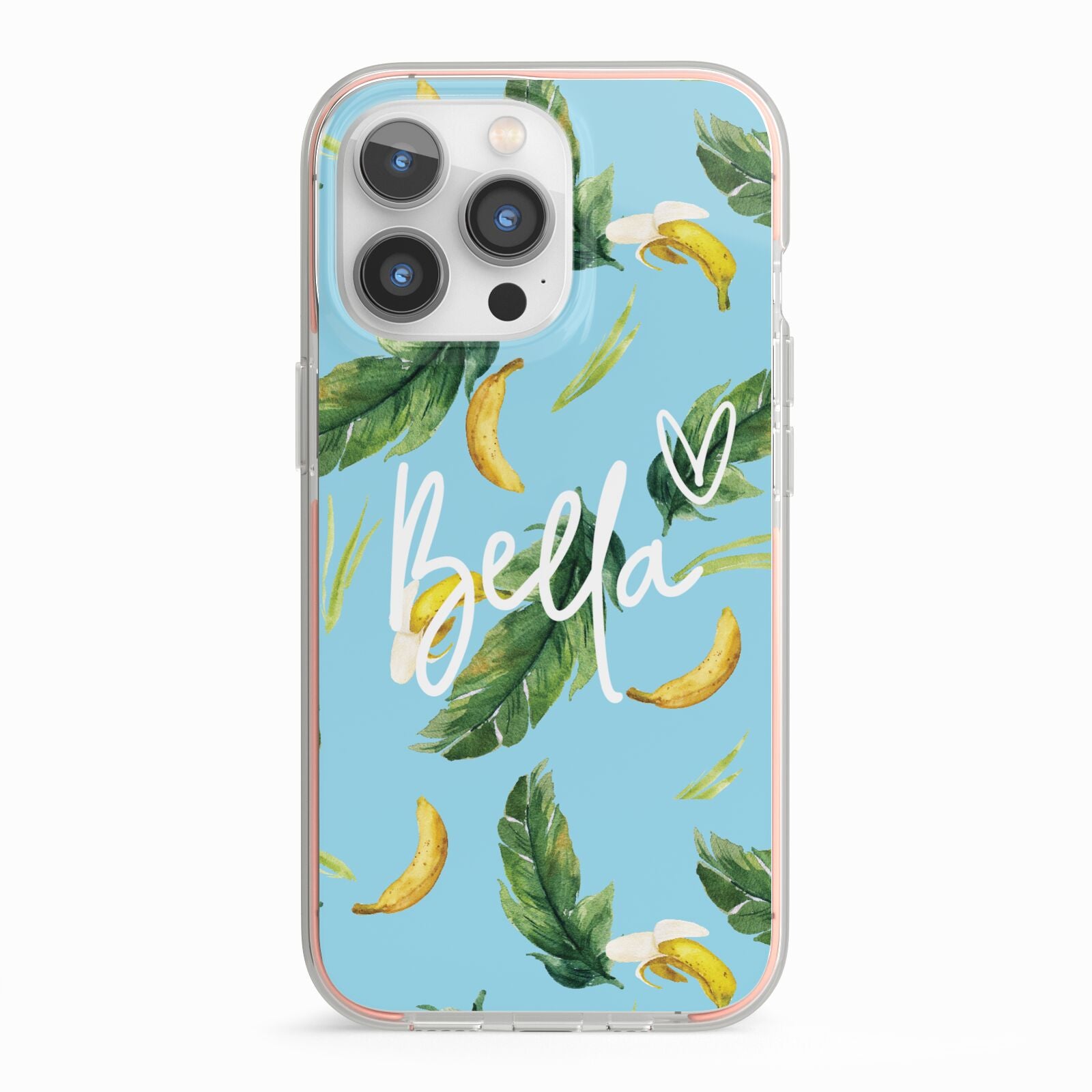 Personalised Blue Banana Tropical iPhone 13 Pro TPU Impact Case with Pink Edges
