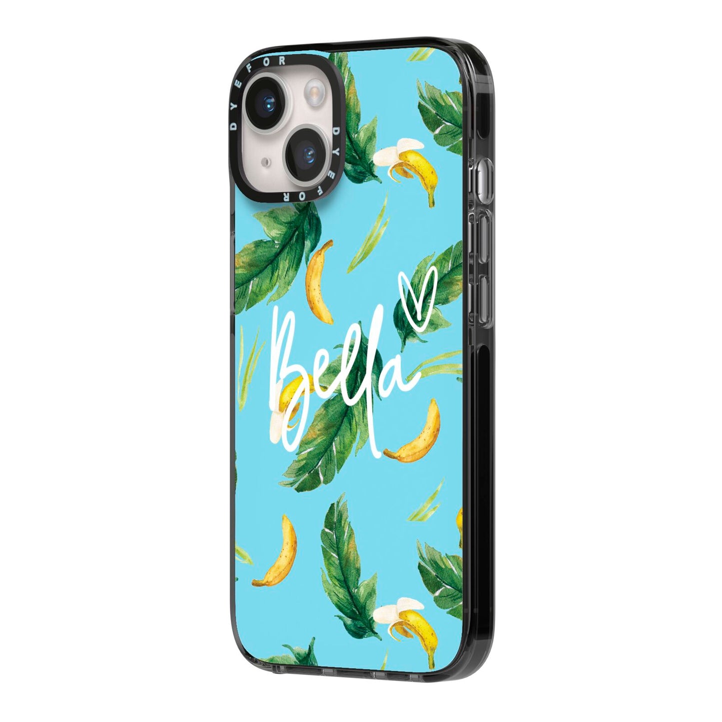 Personalised Blue Banana Tropical iPhone 14 Black Impact Case Side Angle on Silver phone