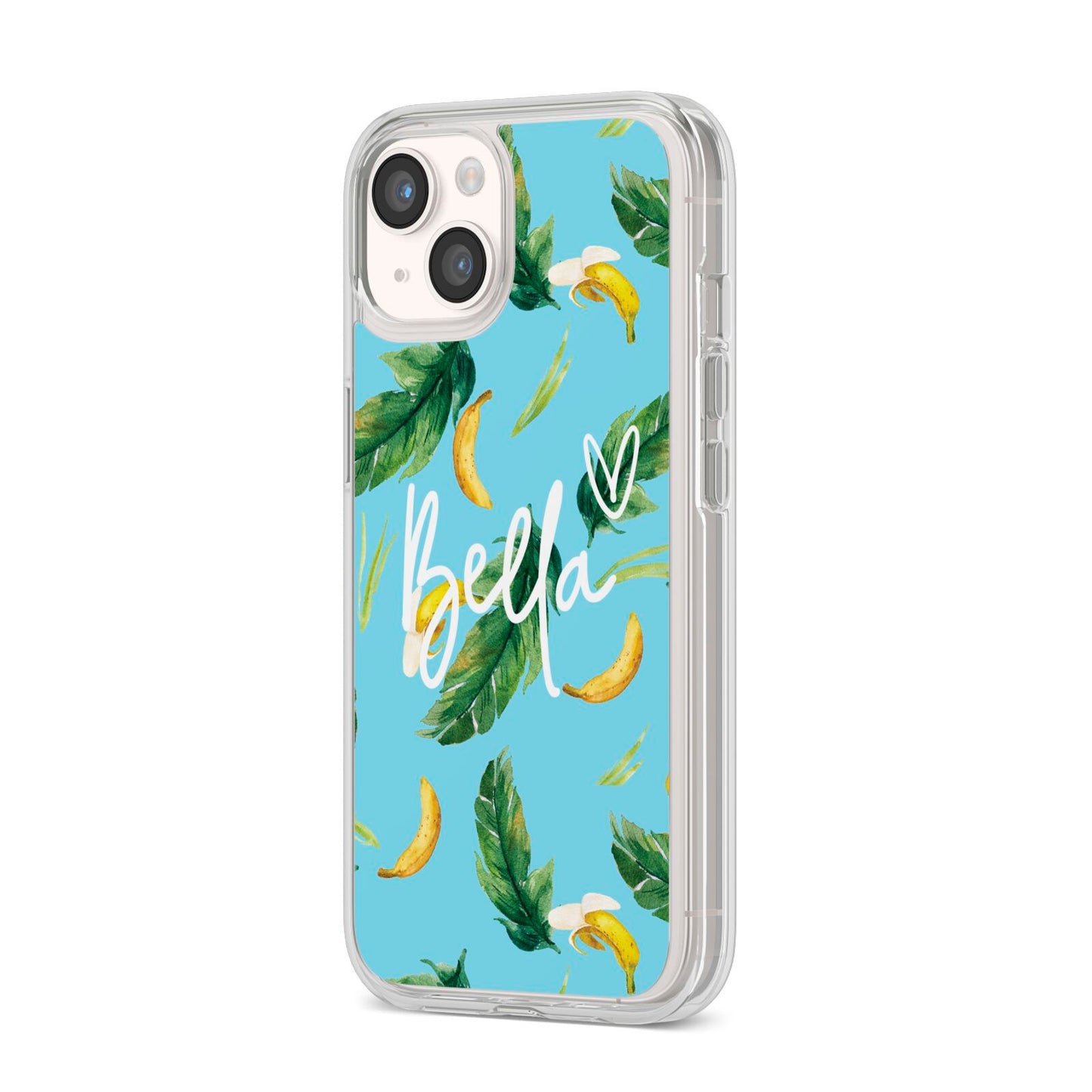 Personalised Blue Banana Tropical iPhone 14 Clear Tough Case Starlight Angled Image