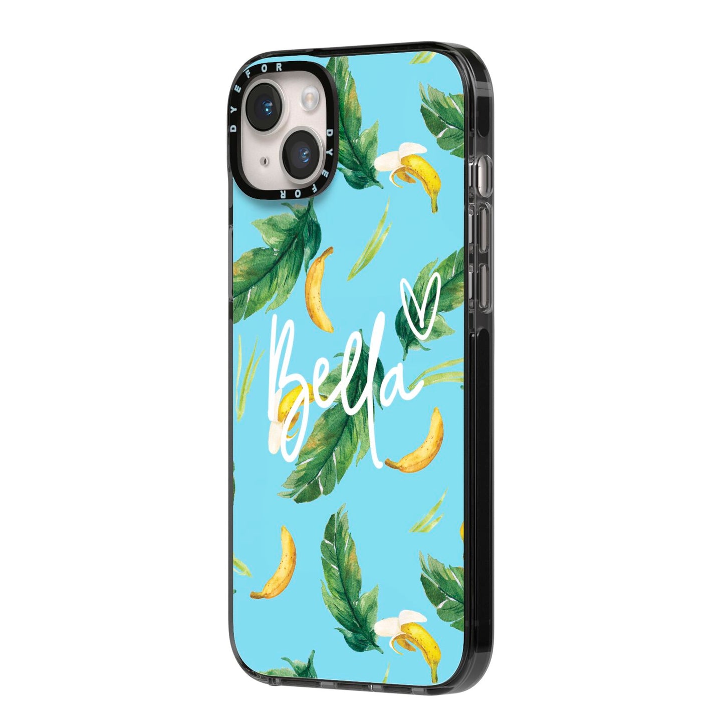 Personalised Blue Banana Tropical iPhone 14 Plus Black Impact Case Side Angle on Silver phone