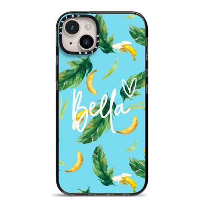 Personalised Blue Banana Tropical iPhone 14 Plus Black Impact Case on Silver phone