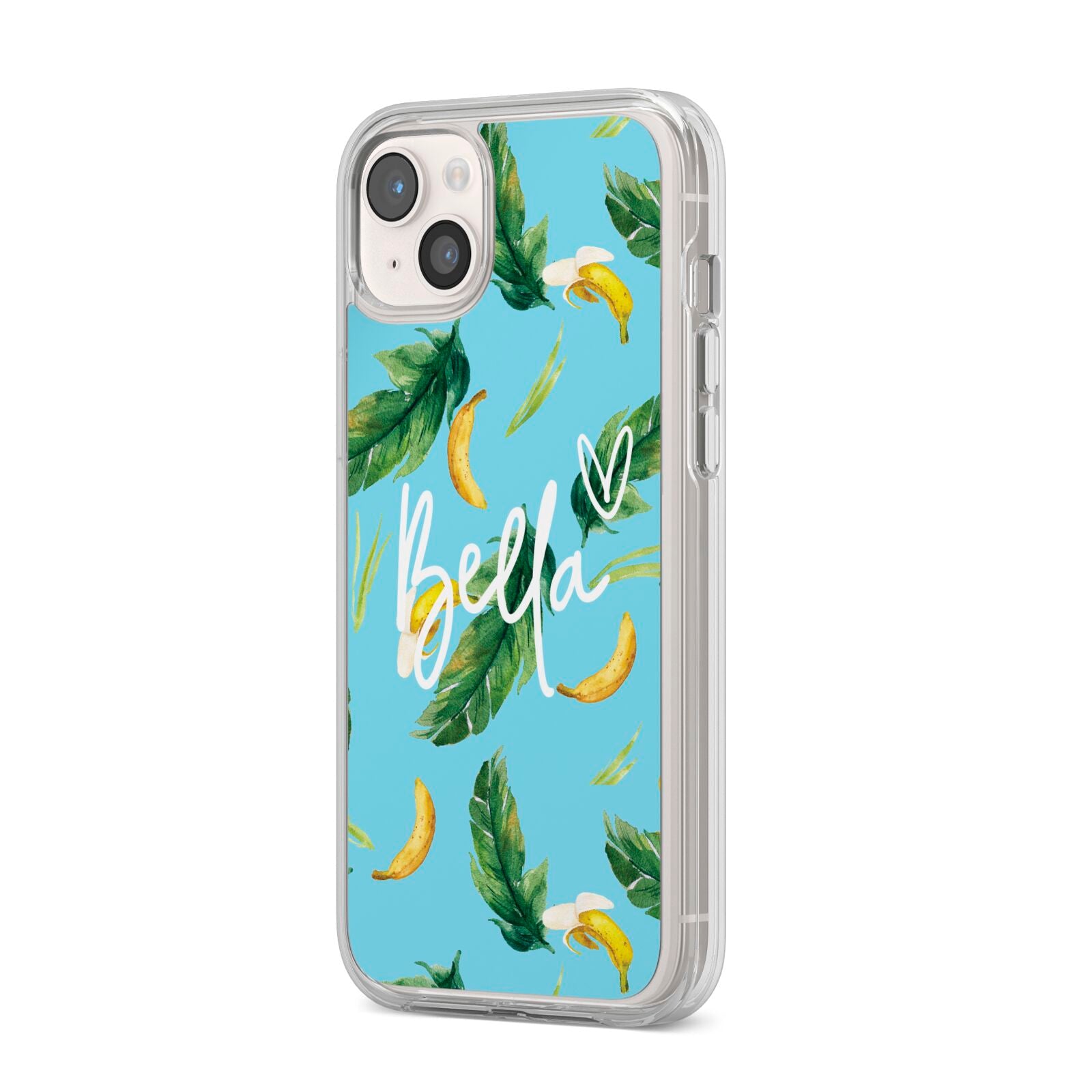 Personalised Blue Banana Tropical iPhone 14 Plus Clear Tough Case Starlight Angled Image