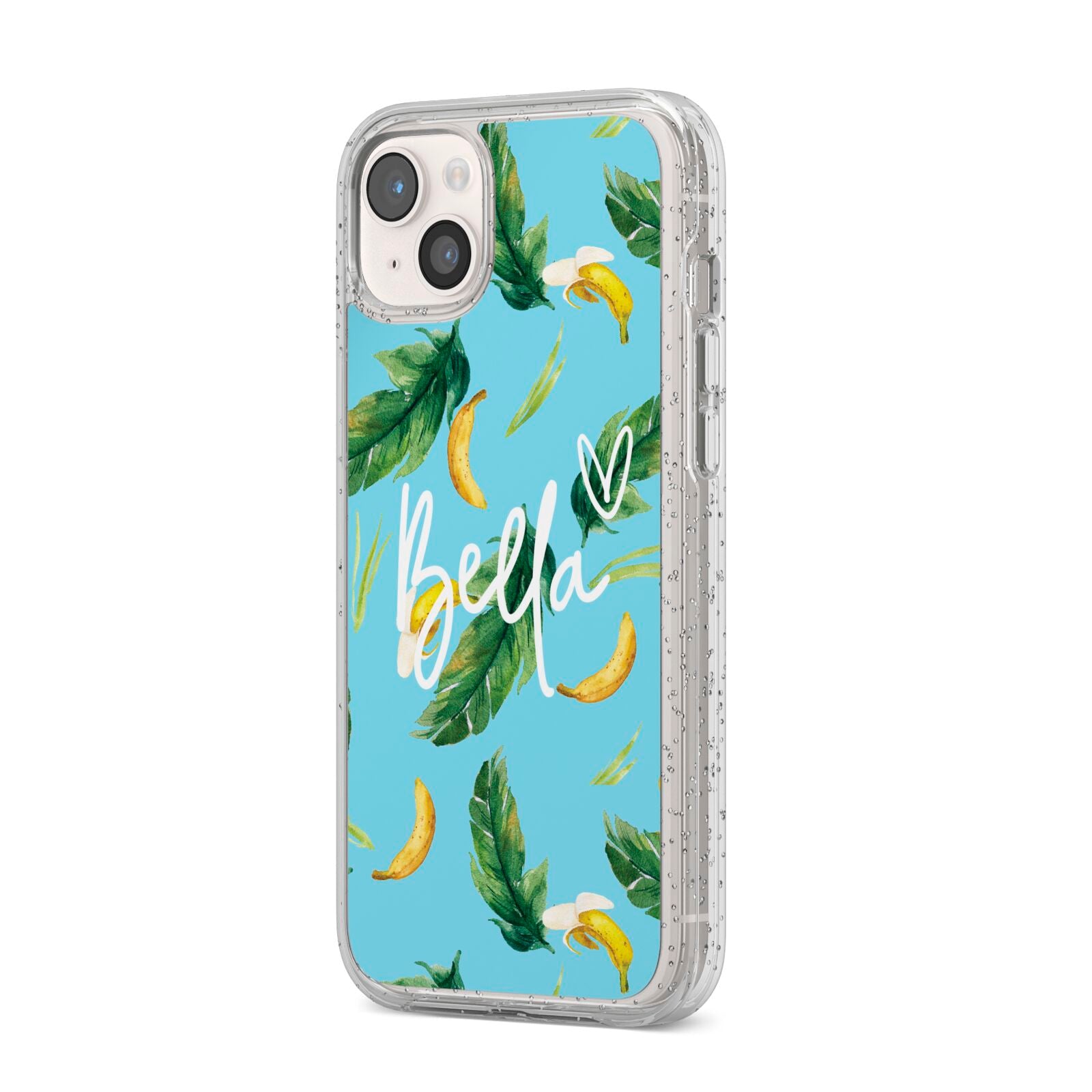 Personalised Blue Banana Tropical iPhone 14 Plus Glitter Tough Case Starlight Angled Image