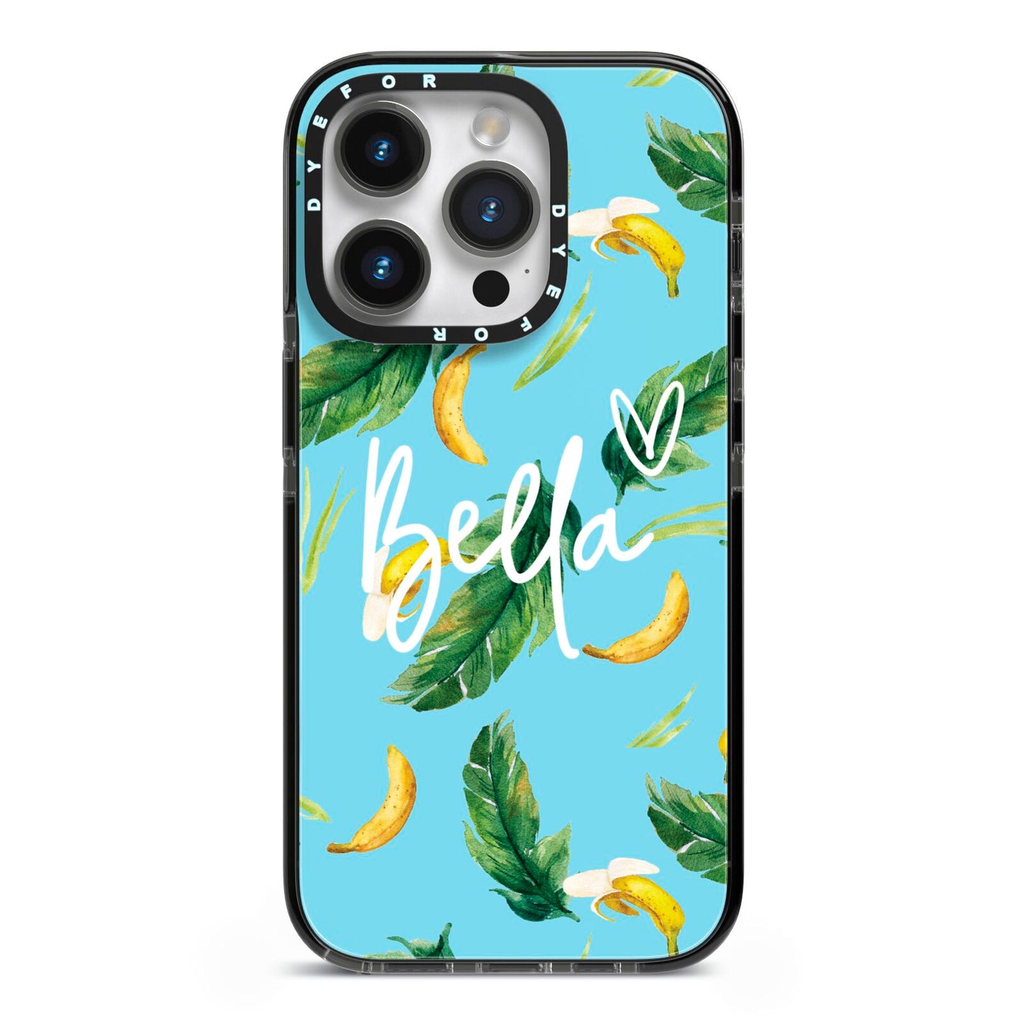 Personalised Blue Banana Tropical iPhone 14 Pro Black Impact Case on Silver phone