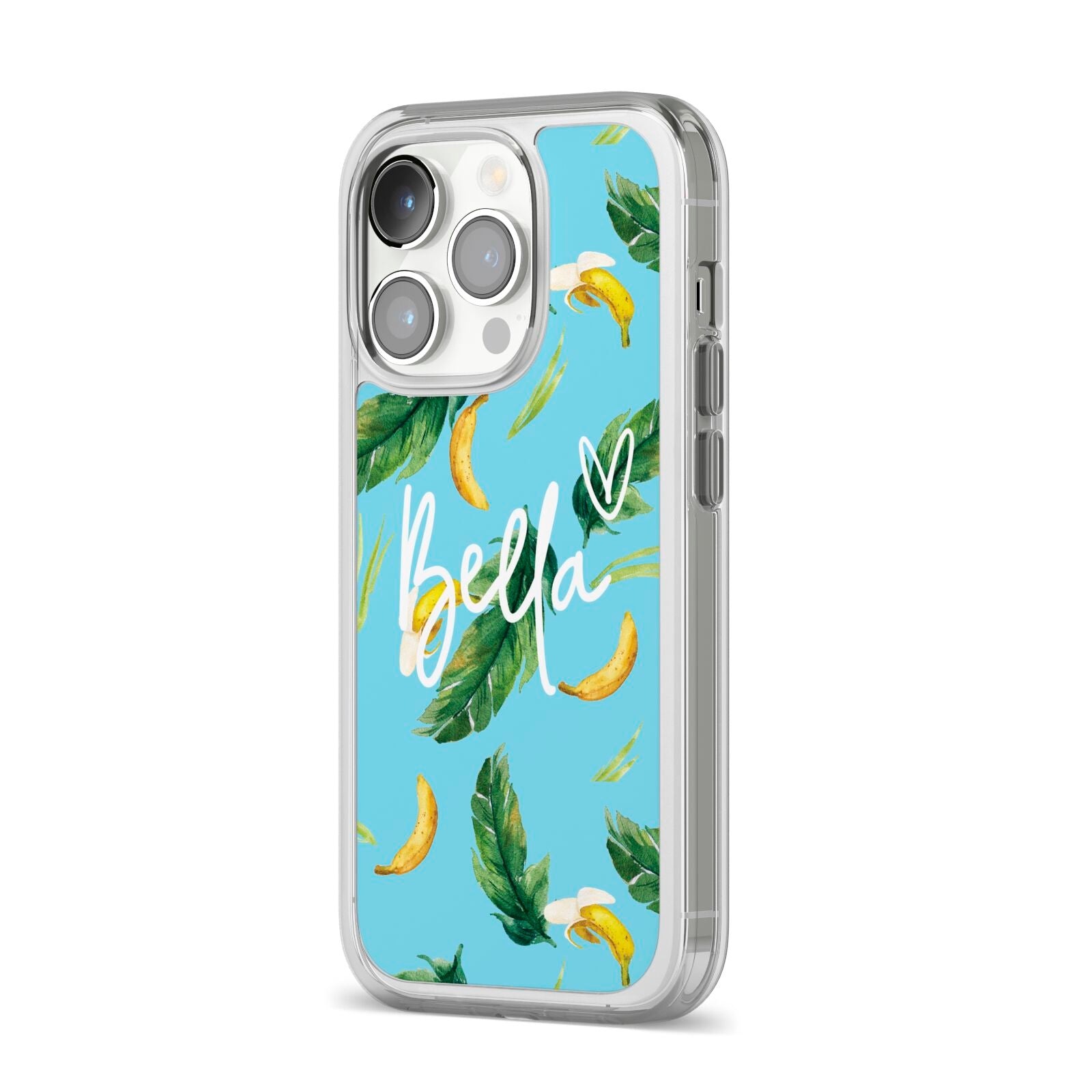Personalised Blue Banana Tropical iPhone 14 Pro Clear Tough Case Silver Angled Image