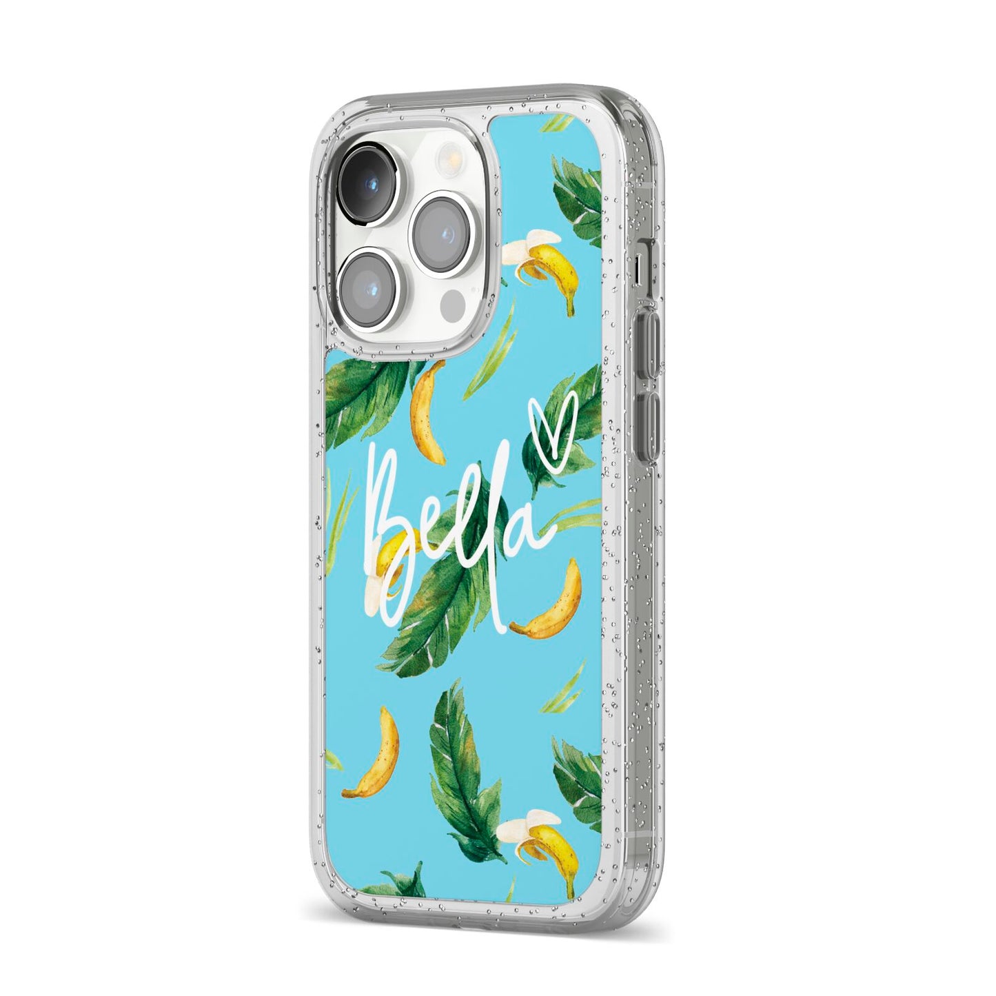 Personalised Blue Banana Tropical iPhone 14 Pro Glitter Tough Case Silver Angled Image